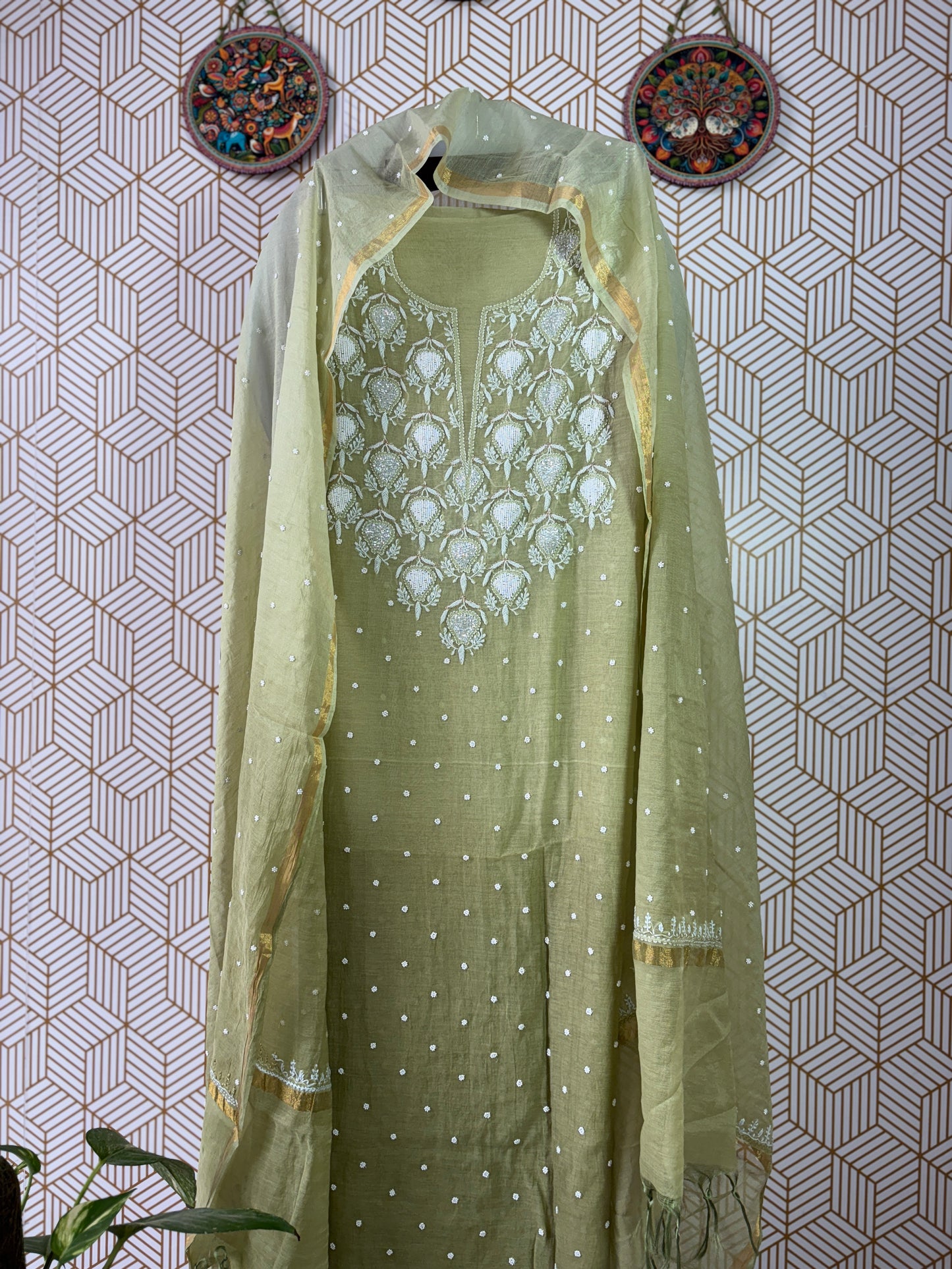 Lucknowi Chikankari Thread Work in Mul Chanderi add on Pearl Work and Cut Dana