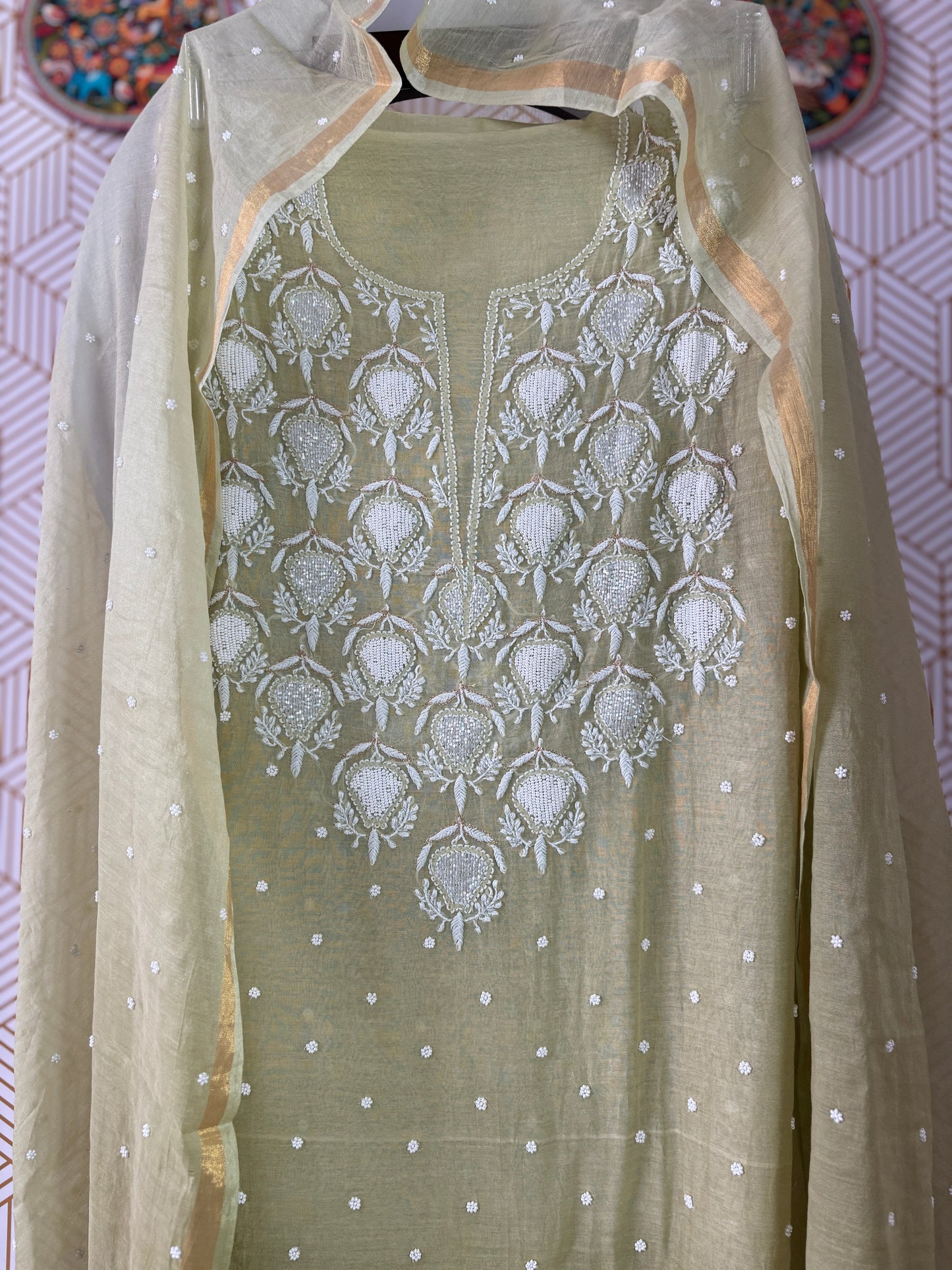 Lucknowi Chikankari Thread Work in Mul Chanderi add on Pearl Work and Cut Dana