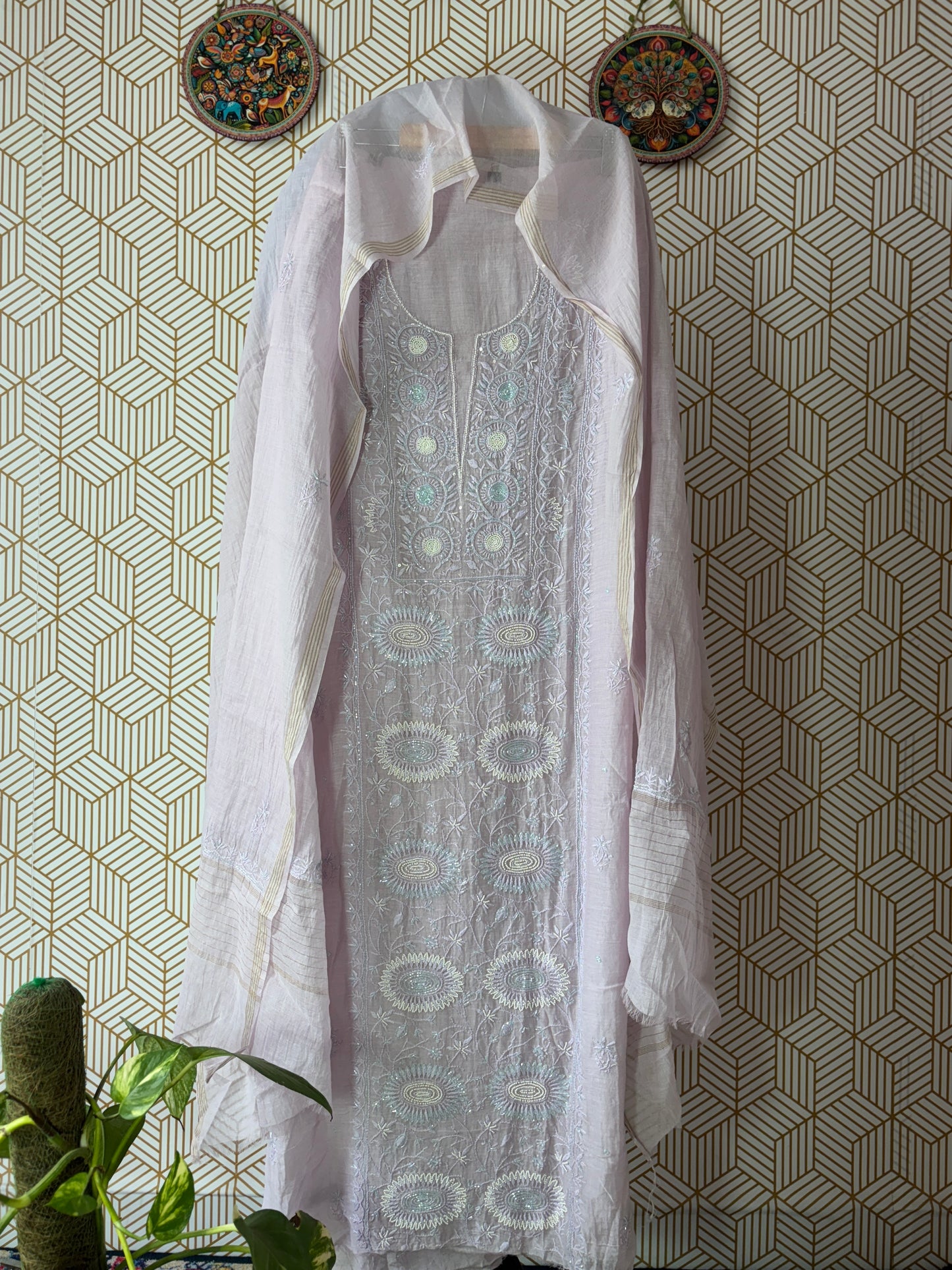 Lucknowi Chikankari Thread Work and full panel work in Mul Chanderi add on Pearl Work and Cut Dana