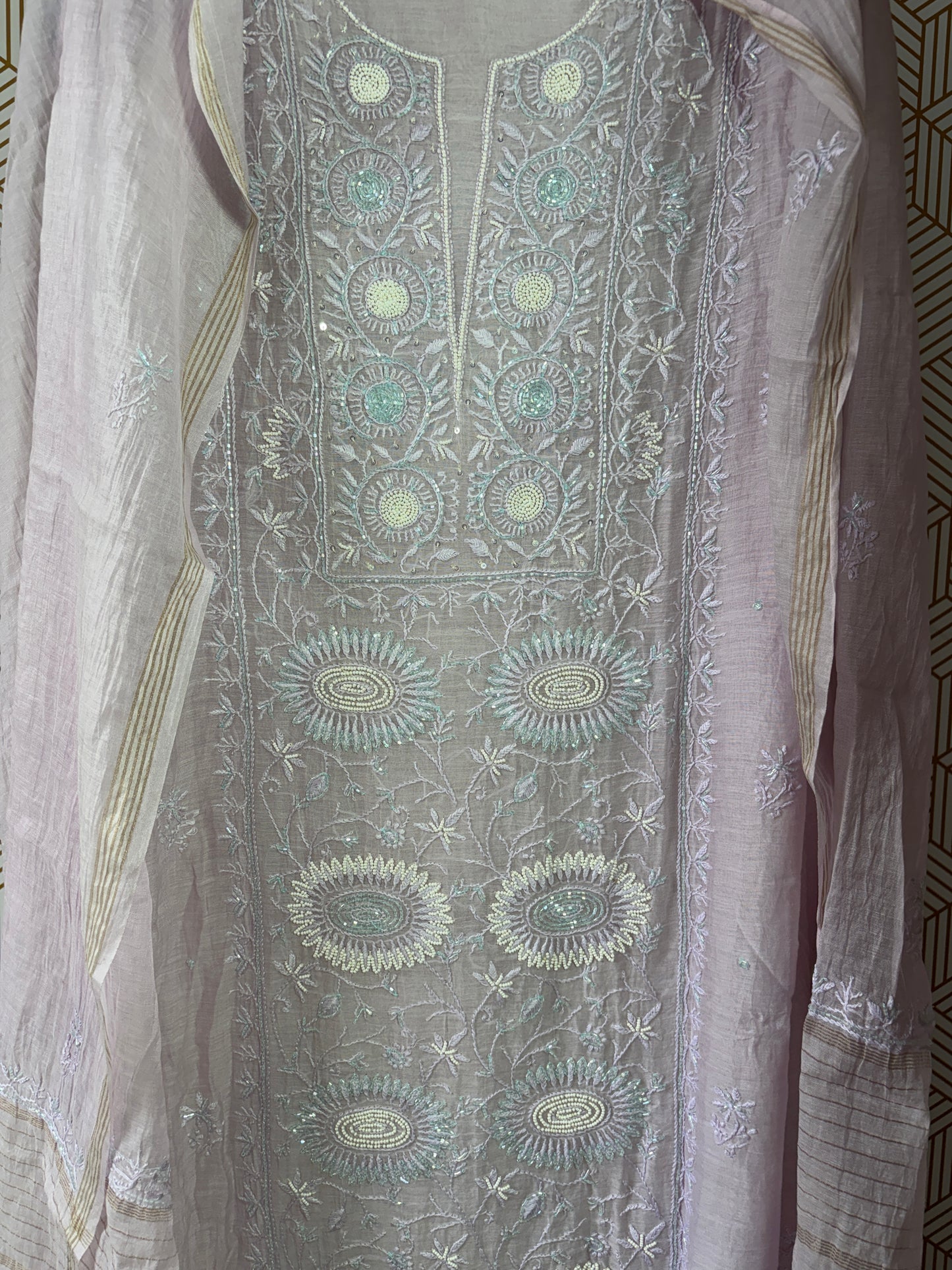 Lucknowi Chikankari Thread Work and full panel work in Mul Chanderi add on Pearl Work and Cut Dana