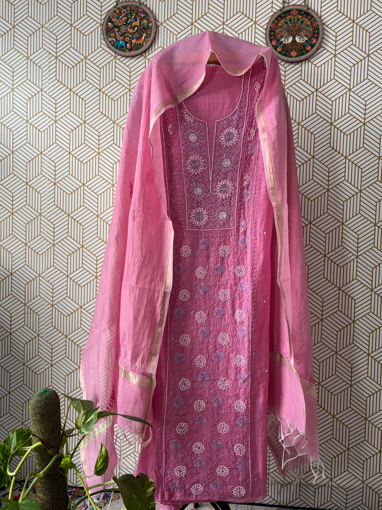 Lucknowi Chikankari Thread Work and full panel work in Mul Chanderi add on Pearl Work and Cut Dana