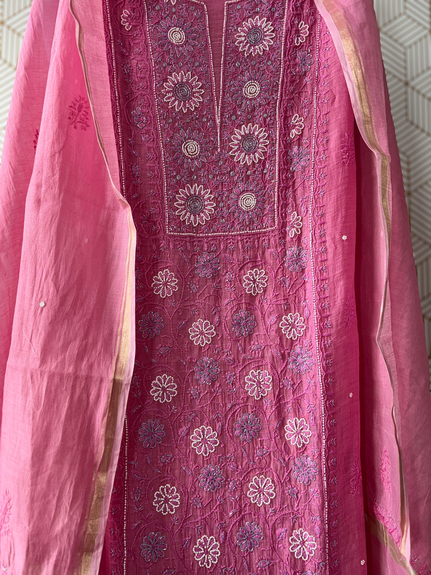 Lucknowi Chikankari Thread Work and full panel work in Mul Chanderi add on Pearl Work and Cut Dana