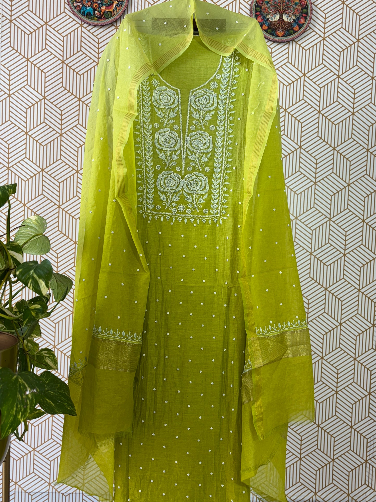 Lucknowi Chikankari Thread Work in Mul Chanderi add on Pearl Work and Cut Dana