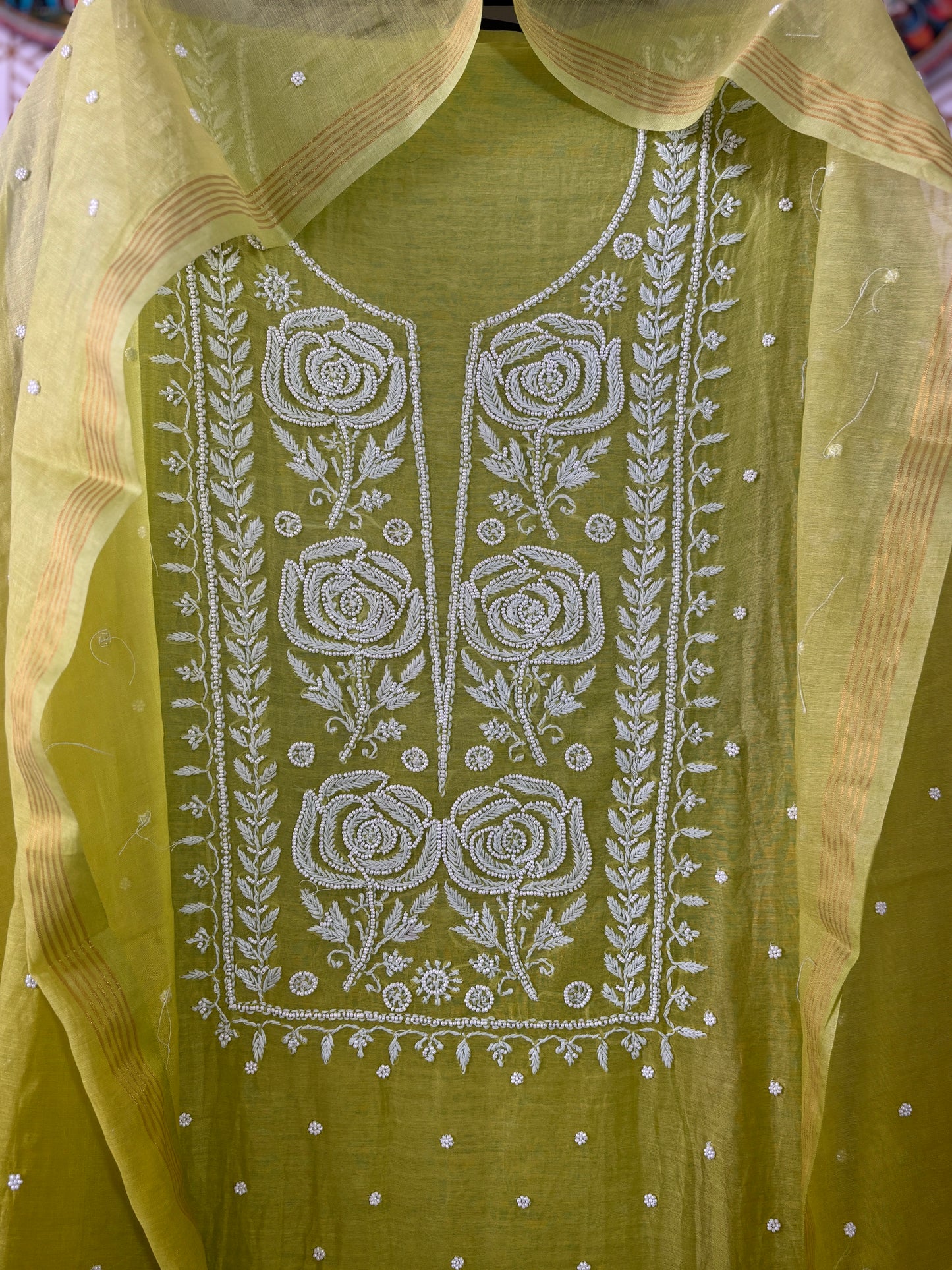 Lucknowi Chikankari Thread Work in Mul Chanderi add on Pearl Work and Cut Dana