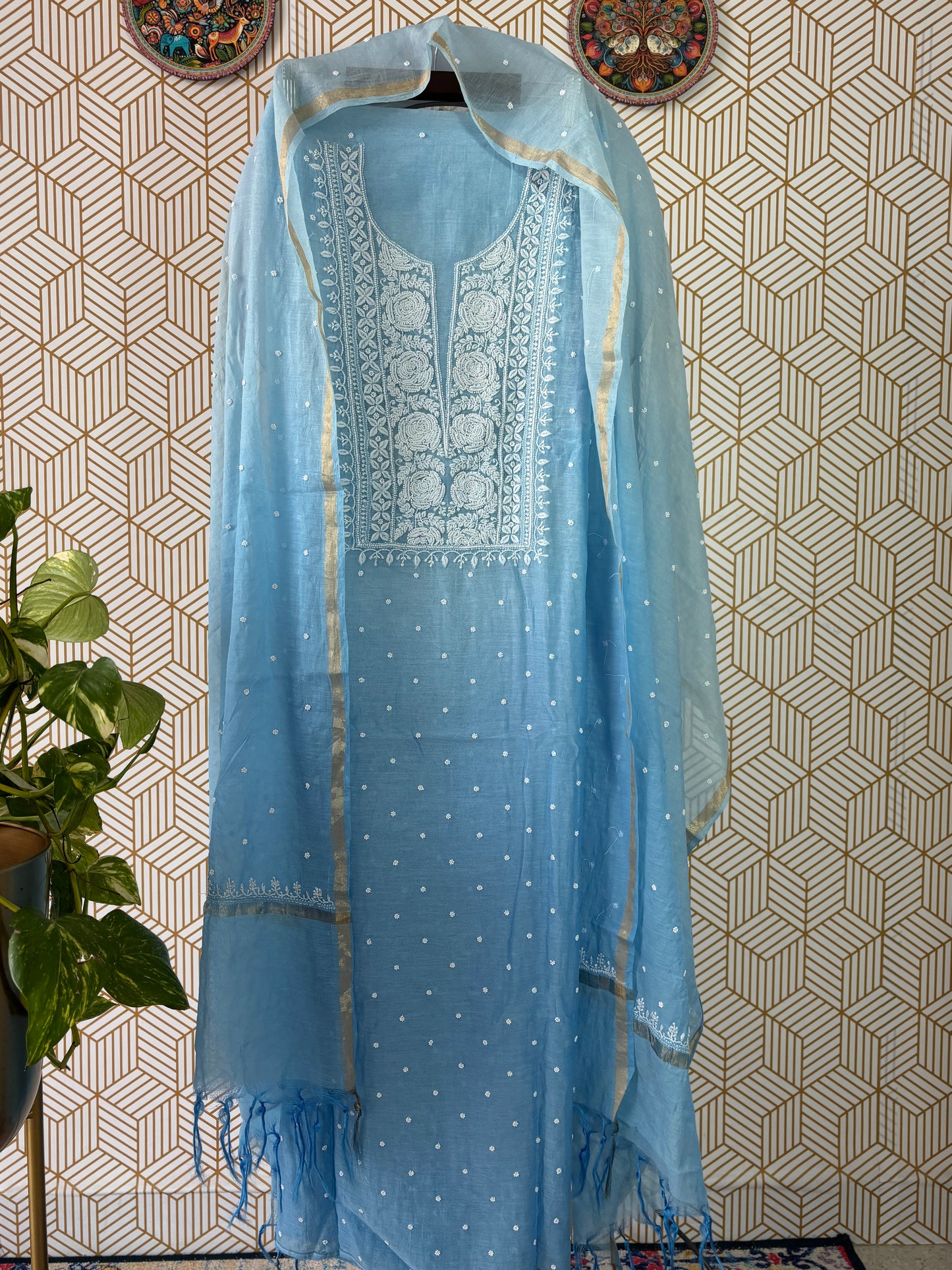 Lucknowi Chikankari Thread Work in Mul Chanderi add on Pearl Work
