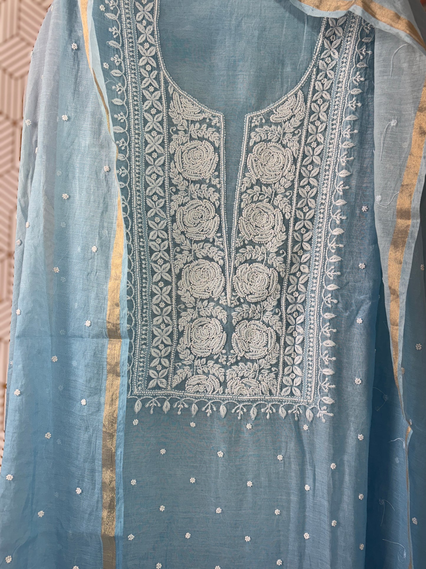 Lucknowi Chikankari Thread Work in Mul Chanderi add on Pearl Work