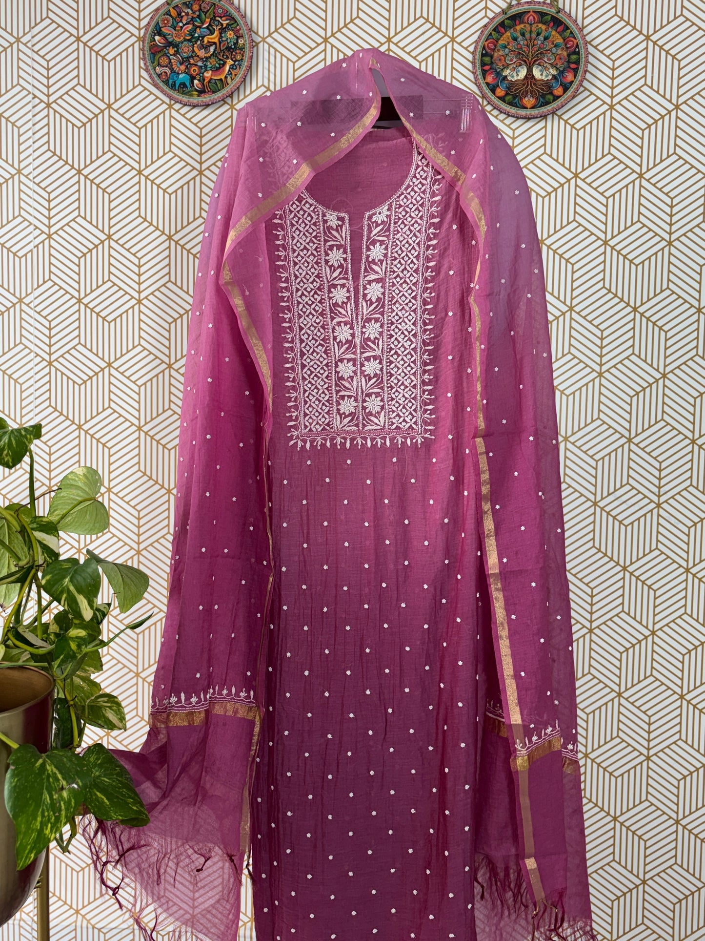 Lucknowi Chikankari Thread Work in Mul Chanderi add on Pearl Work