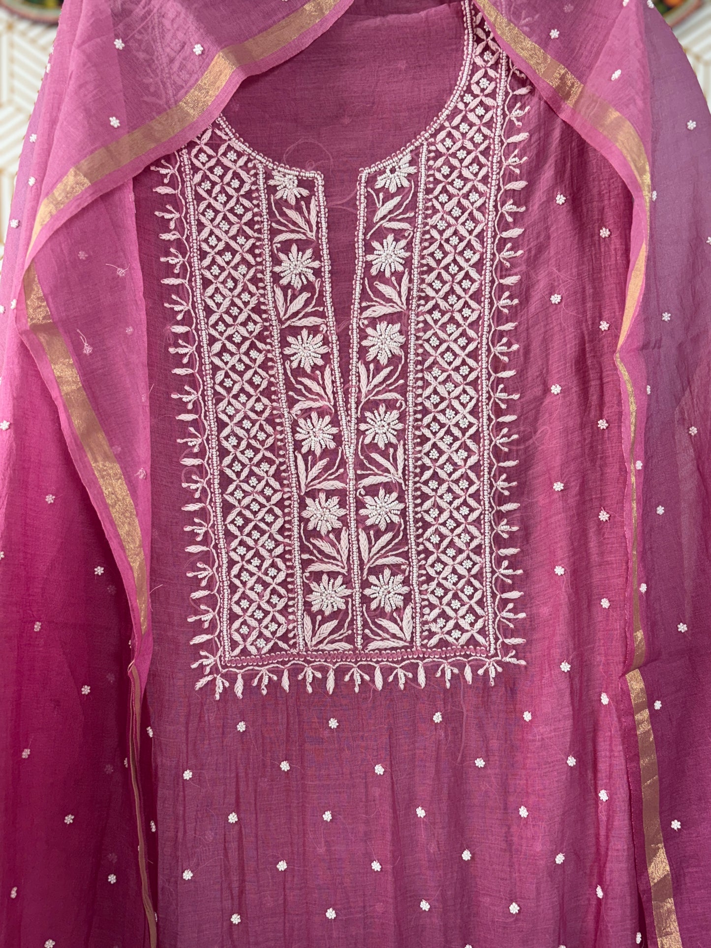 Lucknowi Chikankari Thread Work in Mul Chanderi add on Pearl Work