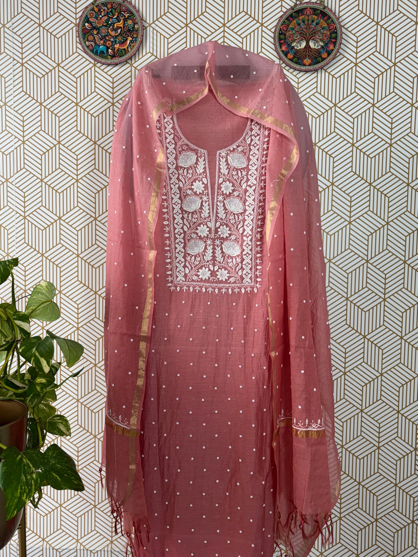 Lucknowi Chikankari Thread Work in Mul Chanderi add on Pearl Work