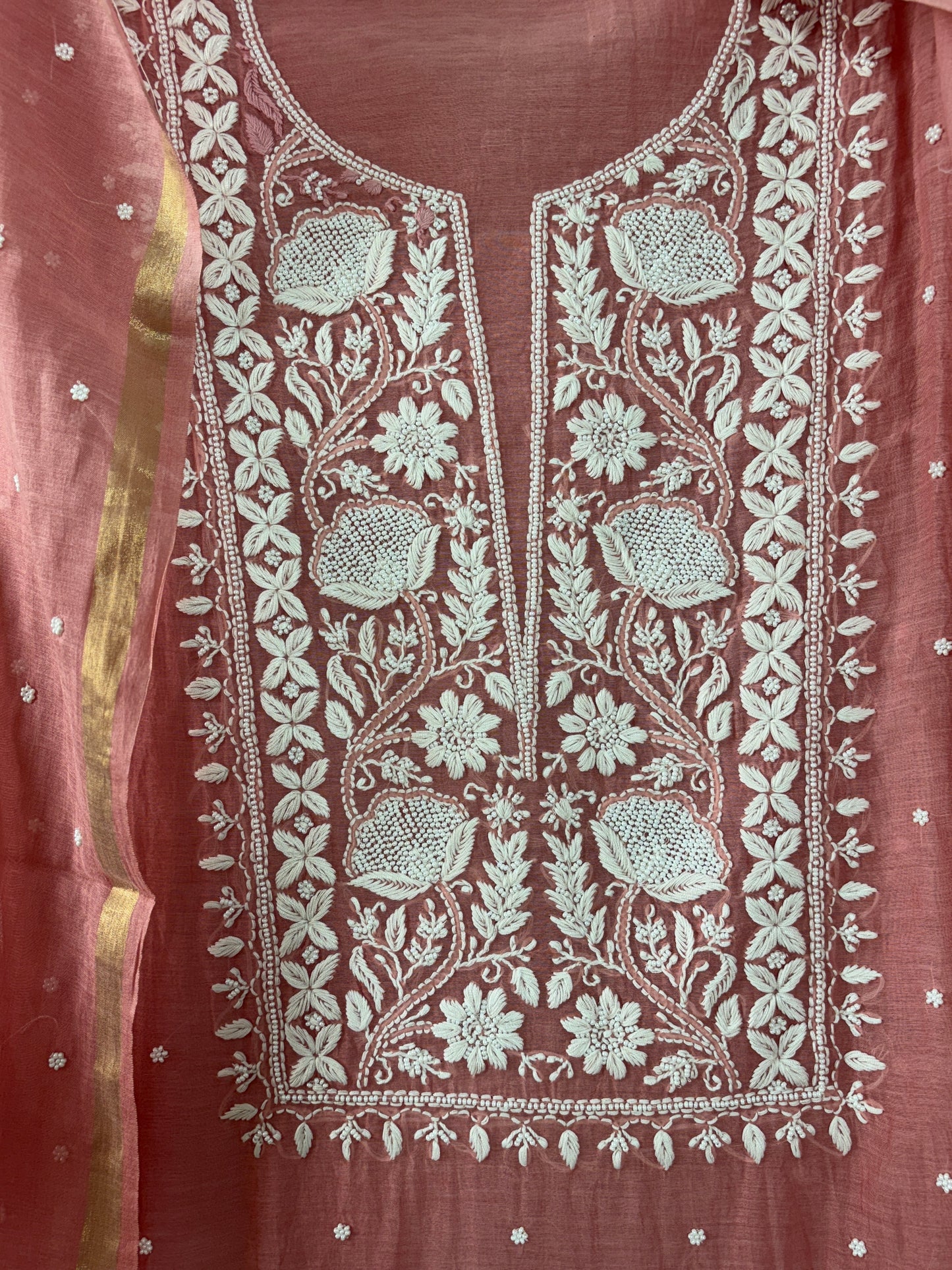 Lucknowi Chikankari Thread Work in Mul Chanderi add on Pearl Work