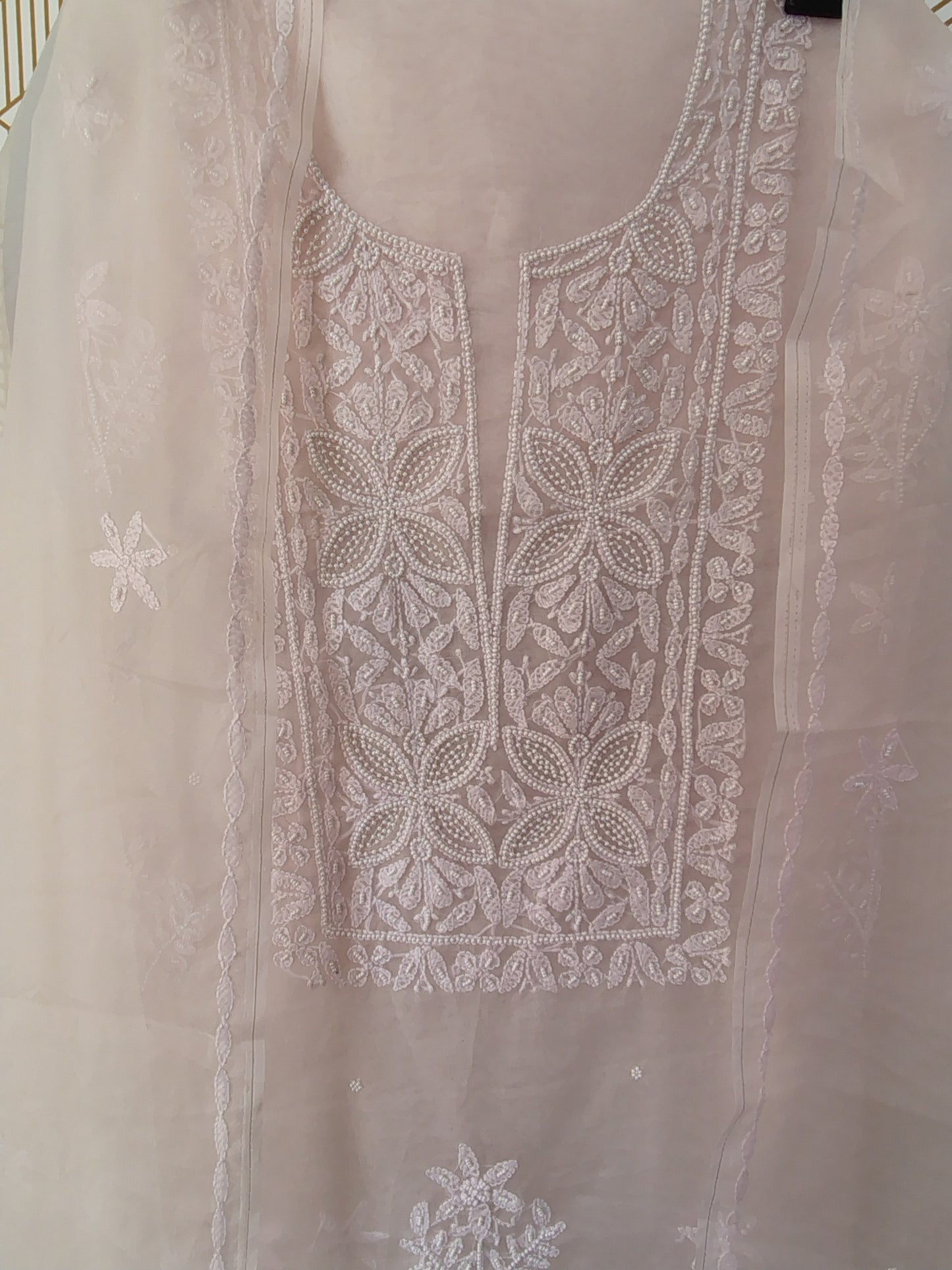 Lucknowi Chikankari Thread Work in Pure Organza add on Pearl Work