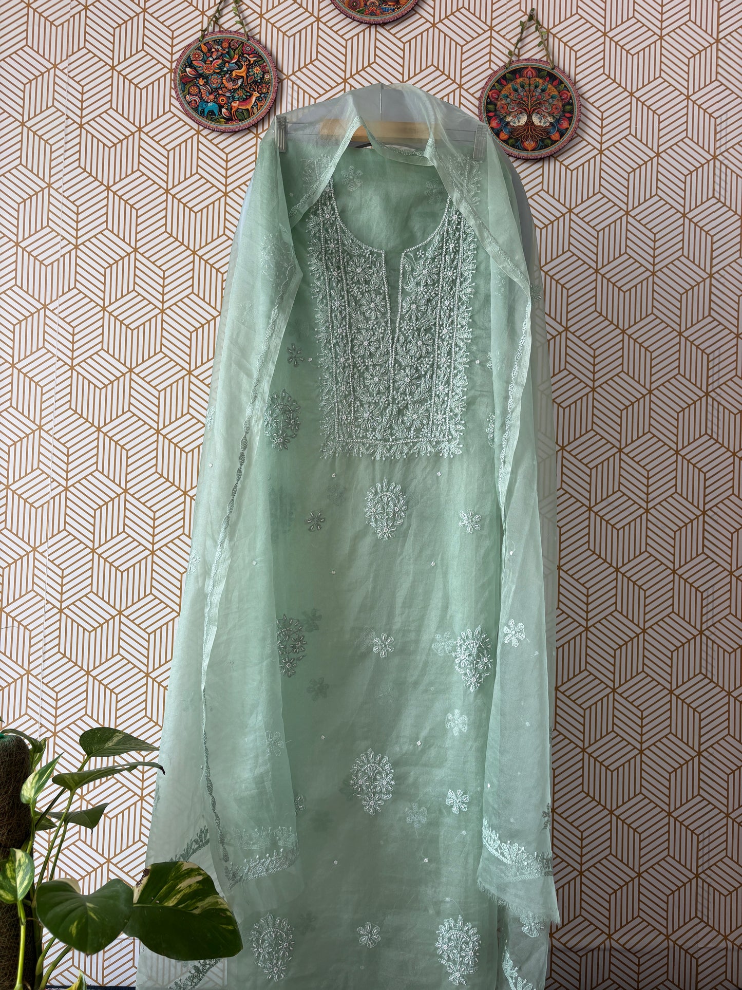 Lucknowi Chikankari Thread Work in Pure Organza add on Pearl Work