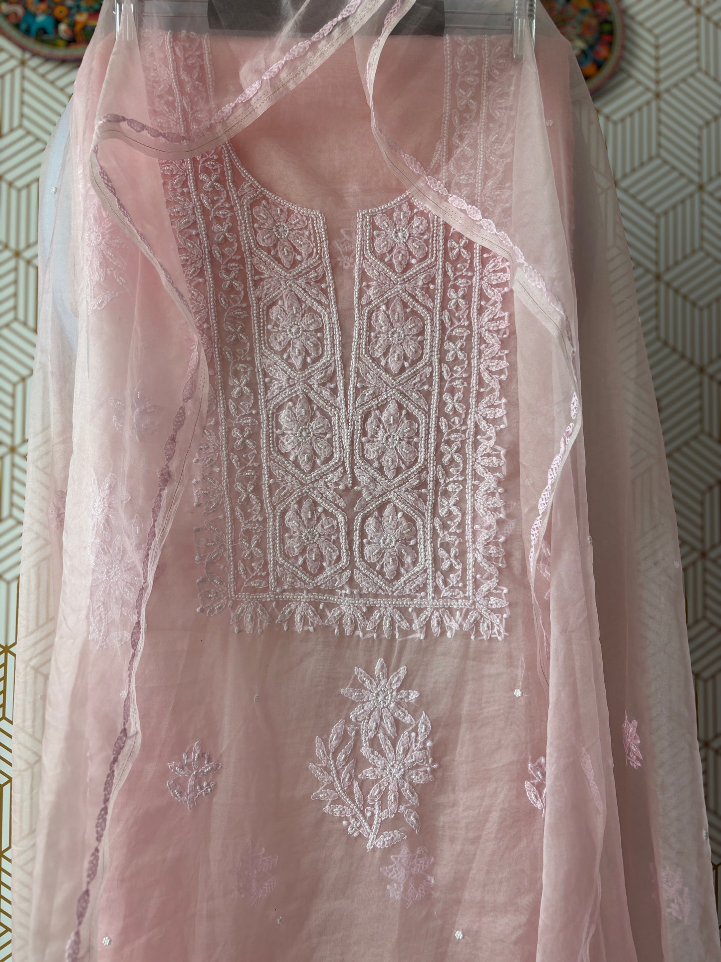 Lucknowi Chikankari Thread Work in Pure Organza add on Pearl Work