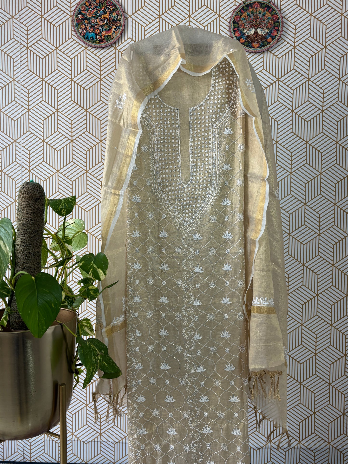 Tissue Silk Lucknowi Chikankari Suit Sets with add on of pearl work and cut dana