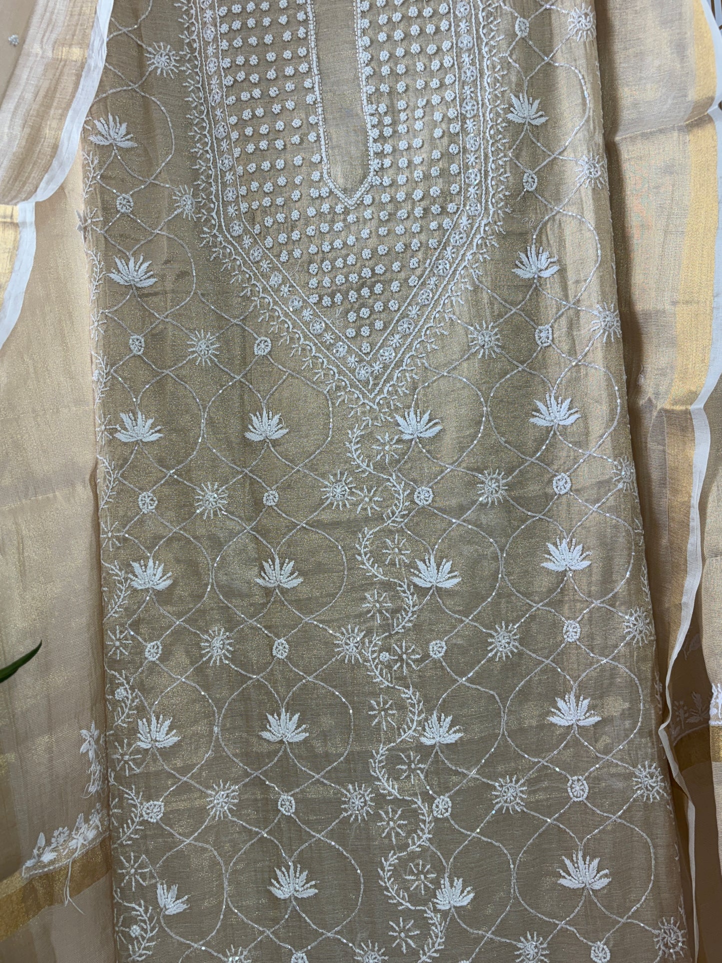 Tissue Silk Lucknowi Chikankari Suit Sets with add on of pearl work and cut dana