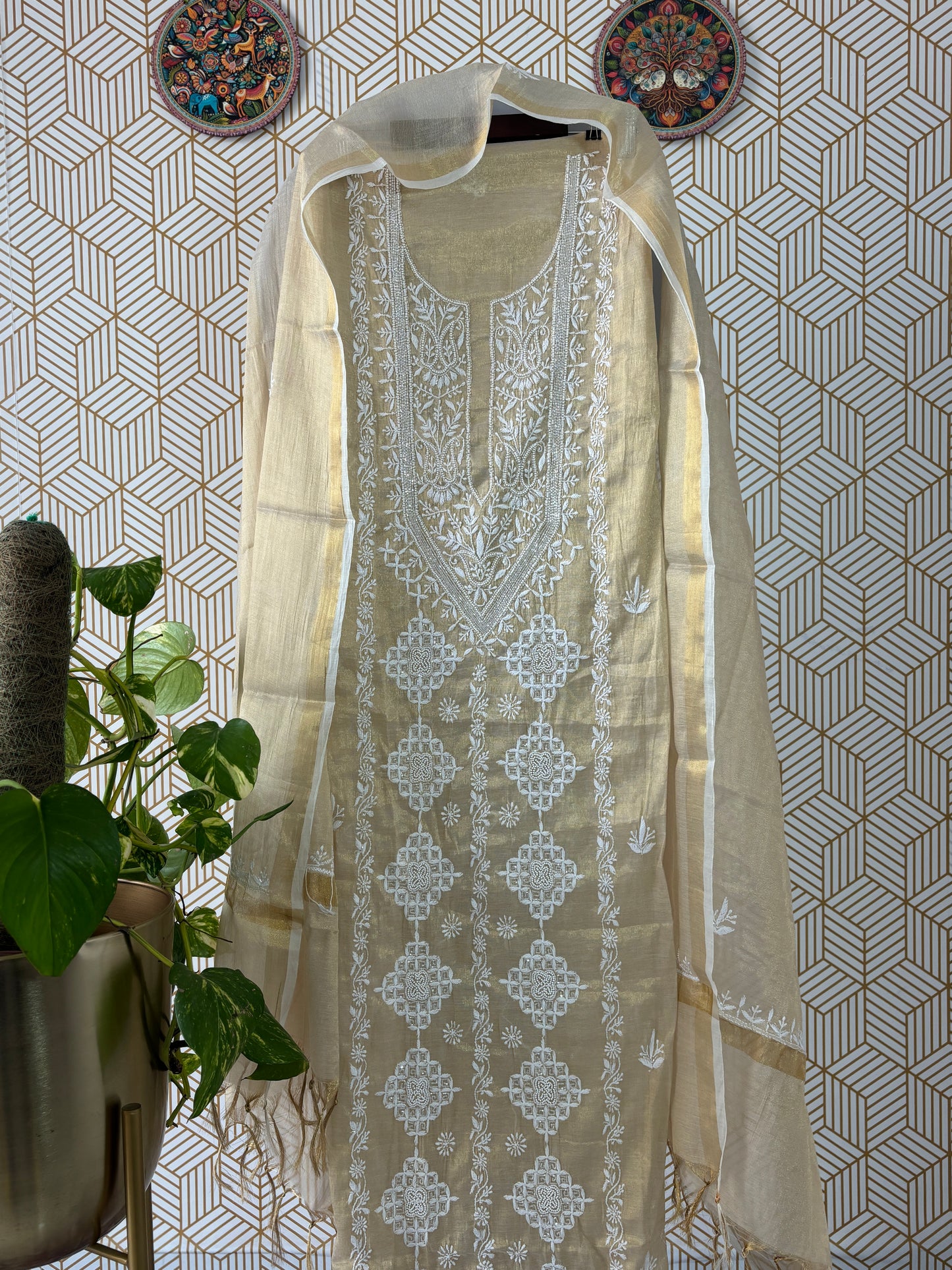 Tissue Silk Lucknowi Chikankari Suit Sets with add on of pearl work and cut dana