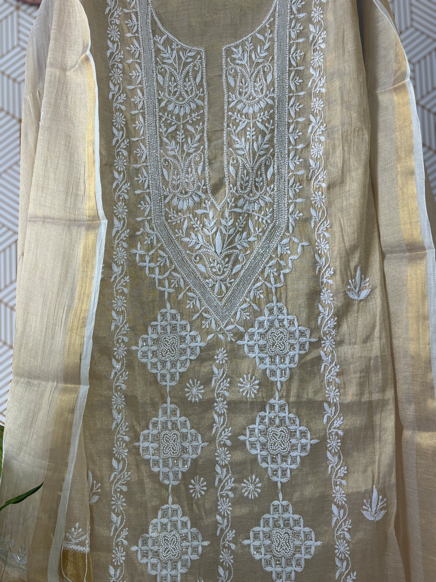 Tissue Silk Lucknowi Chikankari Suit Sets with add on of pearl work and cut dana