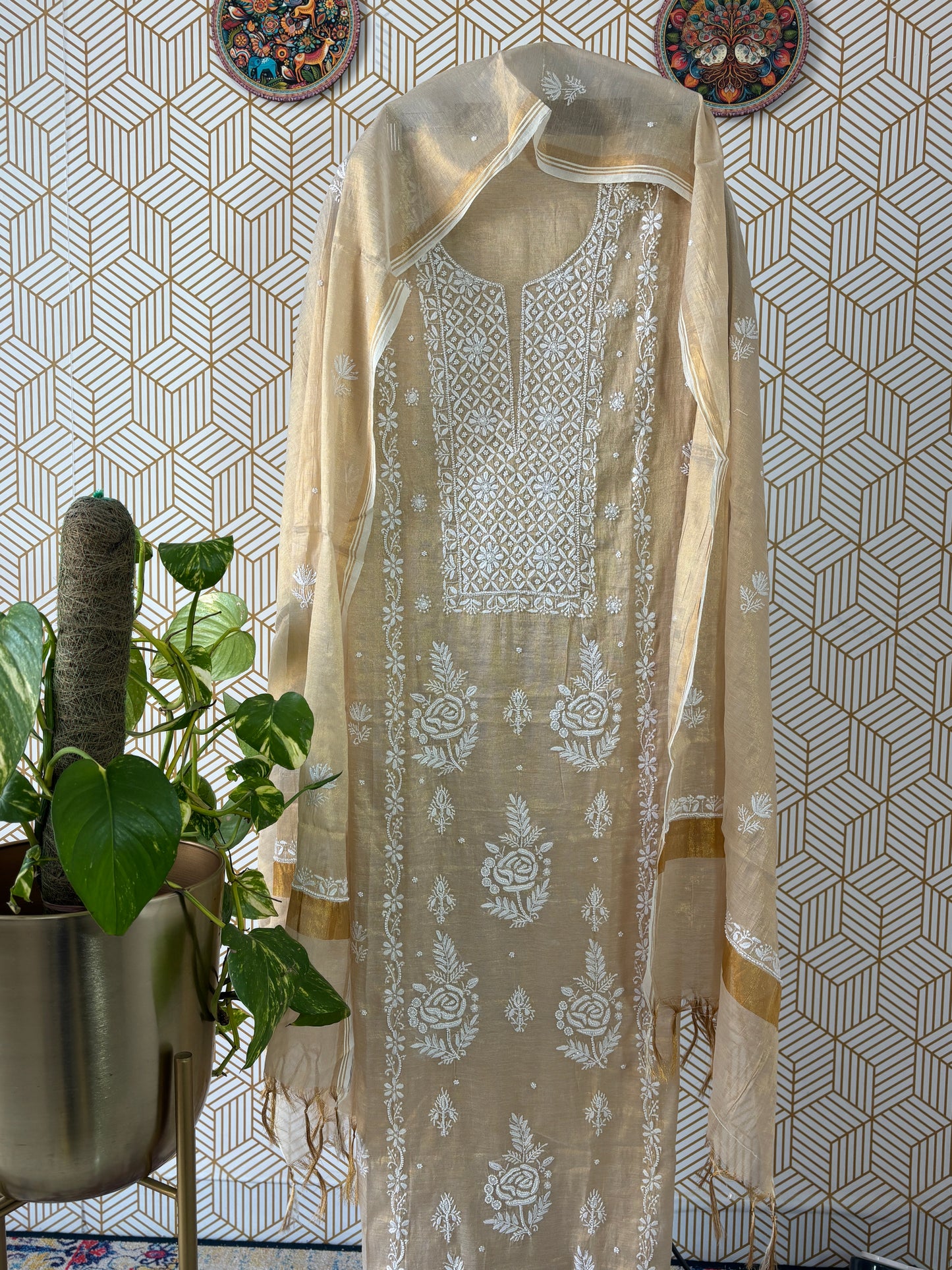 Tissue Silk Lucknowi Chikankari Suit Sets with add on of pearl work and cut dana
