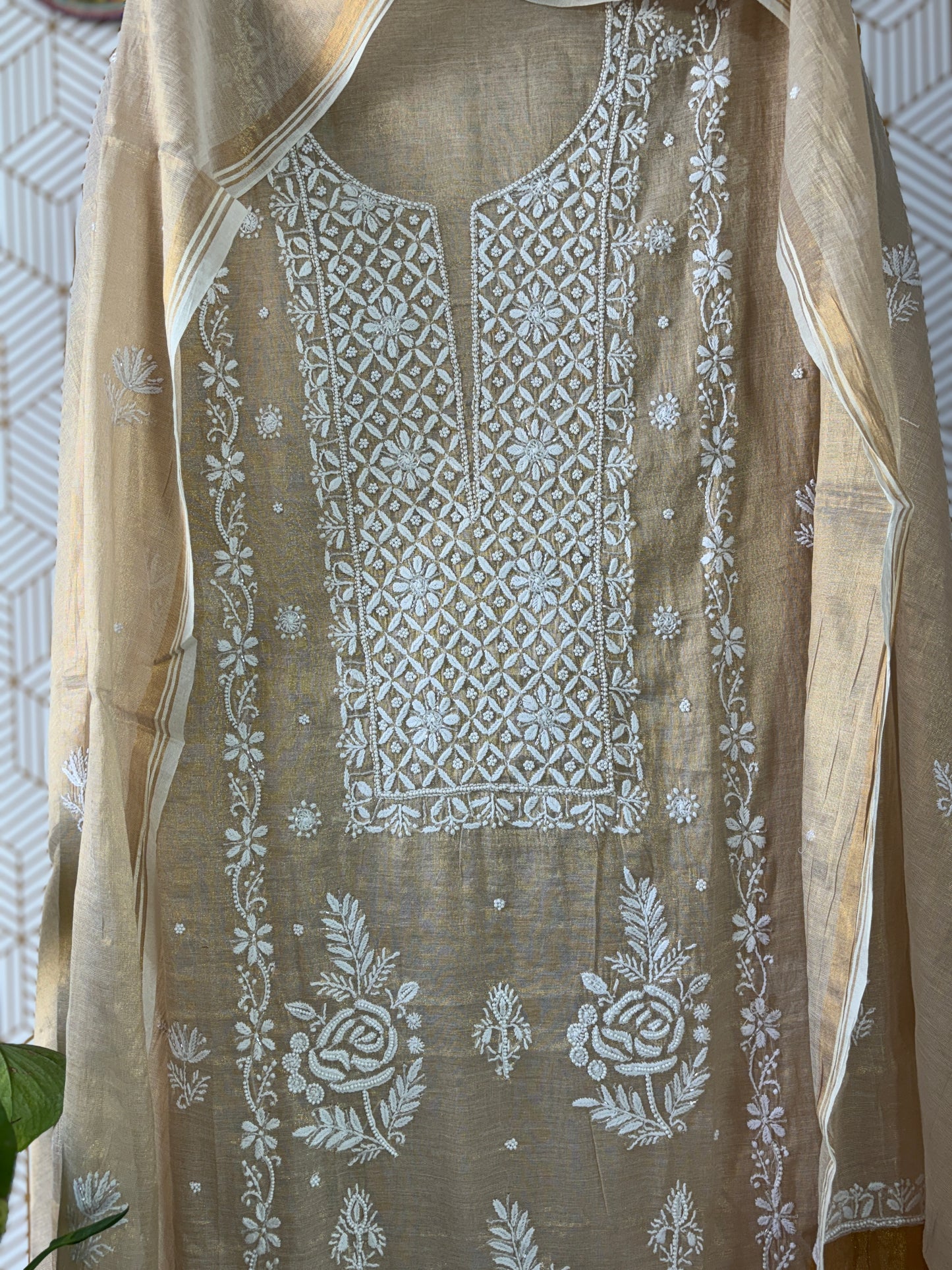 Tissue Silk Lucknowi Chikankari Suit Sets with add on of pearl work and cut dana