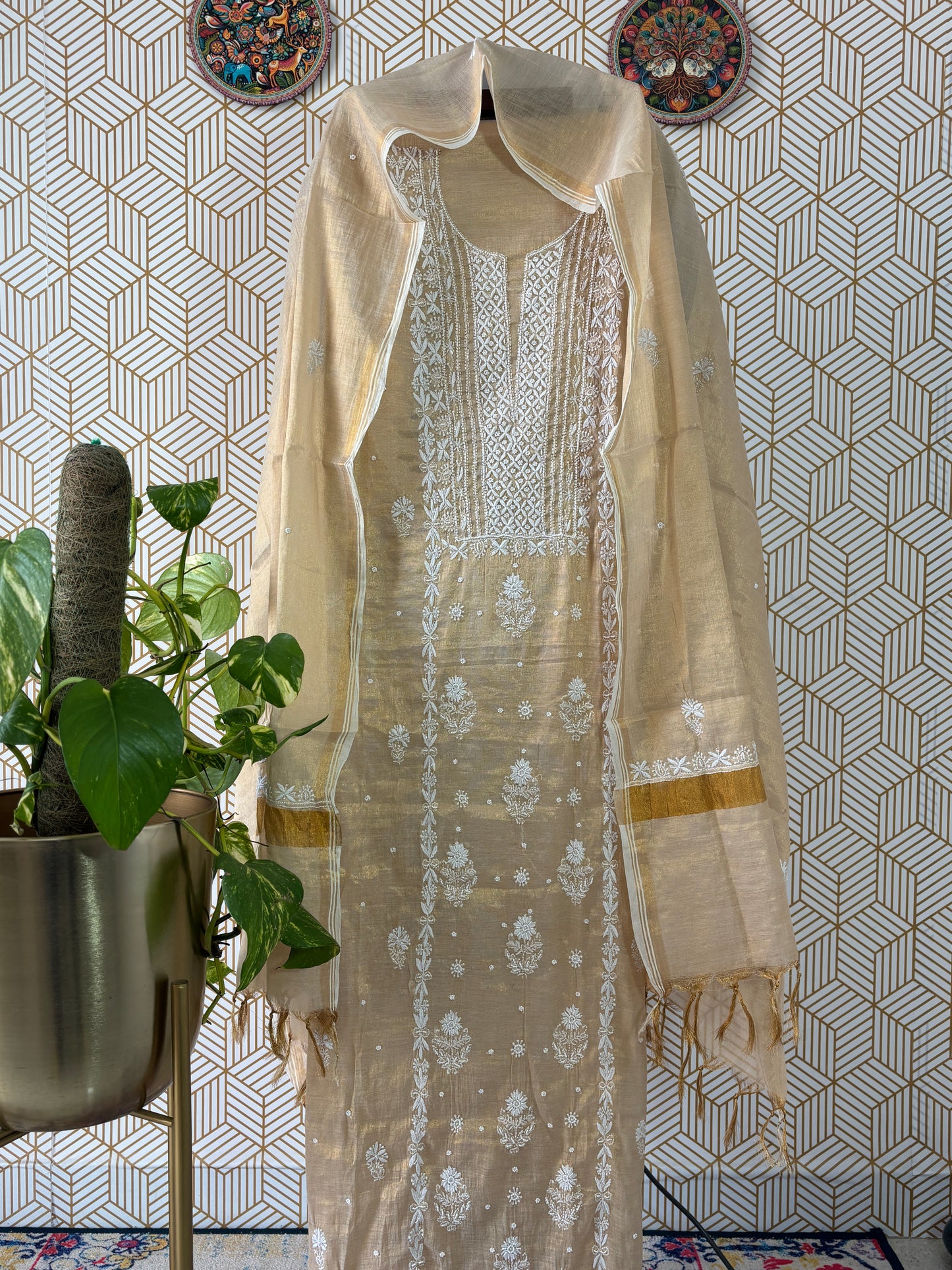 Tissue Silk Lucknowi Chikankari Suit Sets with add on of pearl work and cut dana