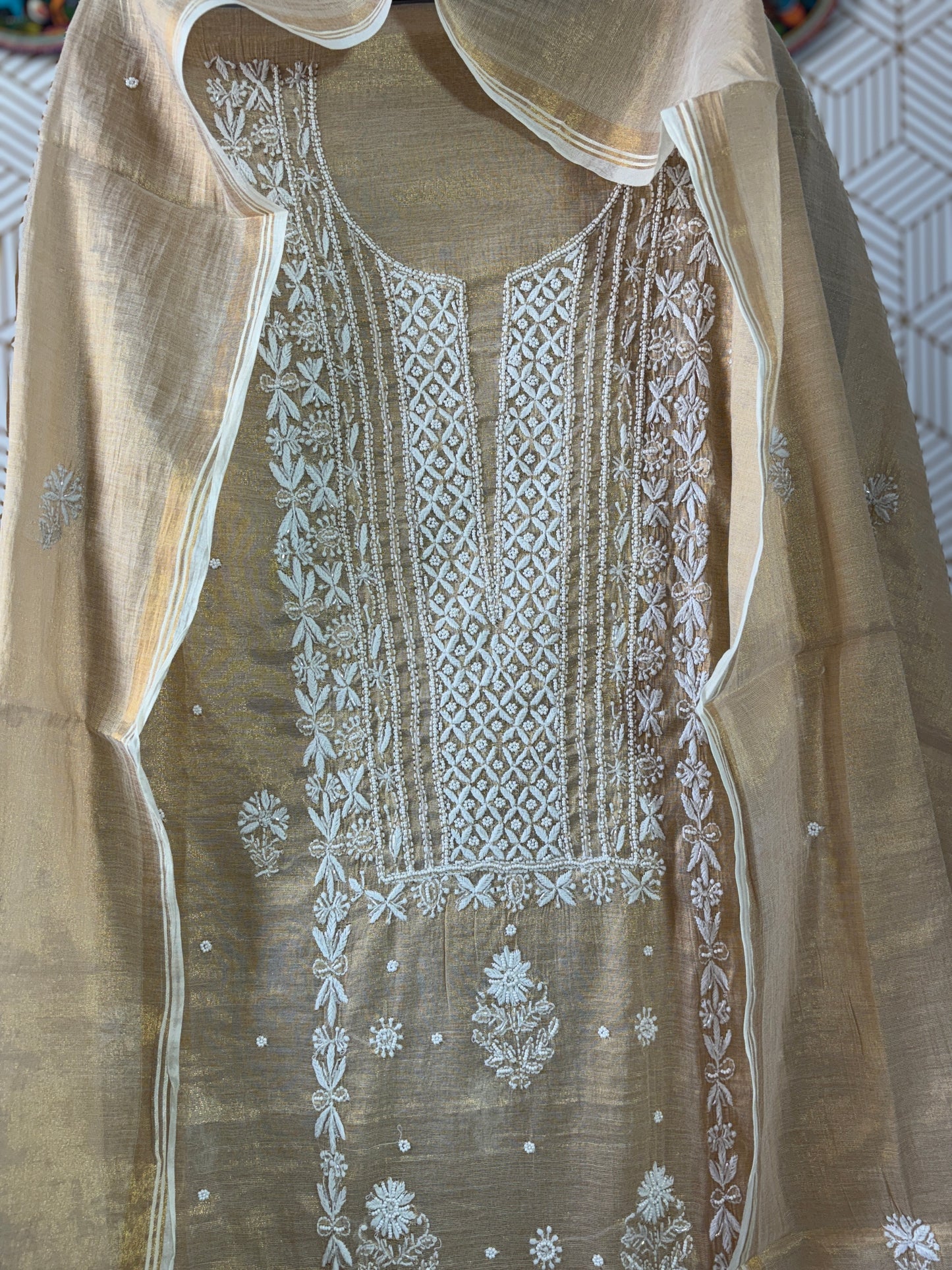 Tissue Silk Lucknowi Chikankari Suit Sets with add on of pearl work and cut dana