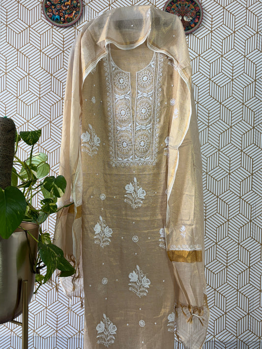 Tissue Silk Lucknowi Chikankari Suit Sets with add on of pearl work and cut dana