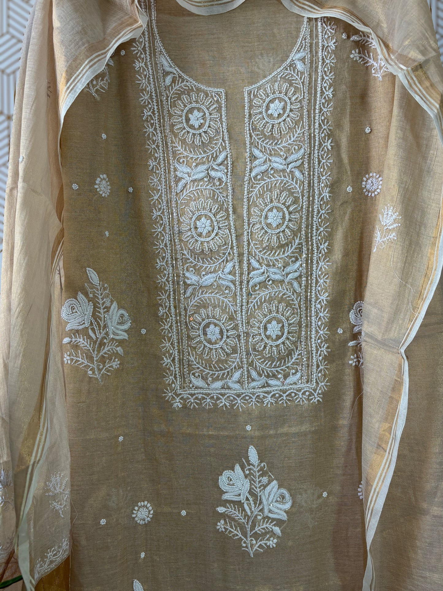 Tissue Silk Lucknowi Chikankari Suit Sets with add on of pearl work and cut dana