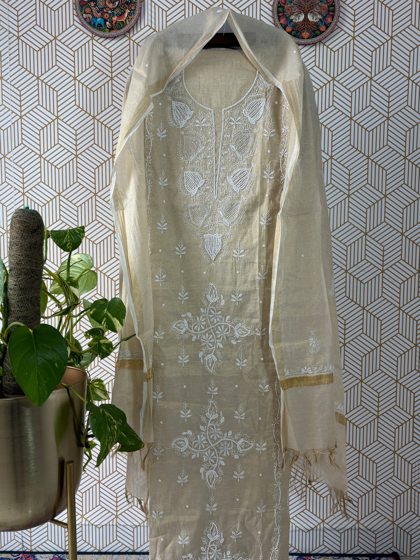 Tissue Silk Lucknowi Chikankari Suit Sets with add on of pearl work and cut dana