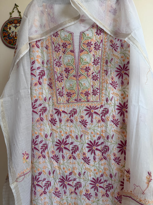 Pure Mul Chanderi Lucknowi Chikankari suit set in off-white with handcrafted embroidery and delicate sequin, pearl, and cutdana work