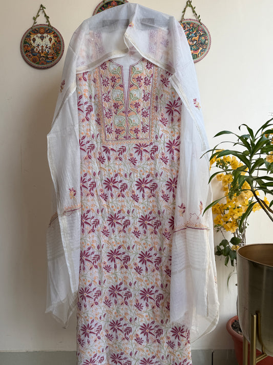 Pure Mul Chanderi Lucknowi Chikankari suit set in off-white with handcrafted embroidery and delicate sequin, pearl, and cutdana work
