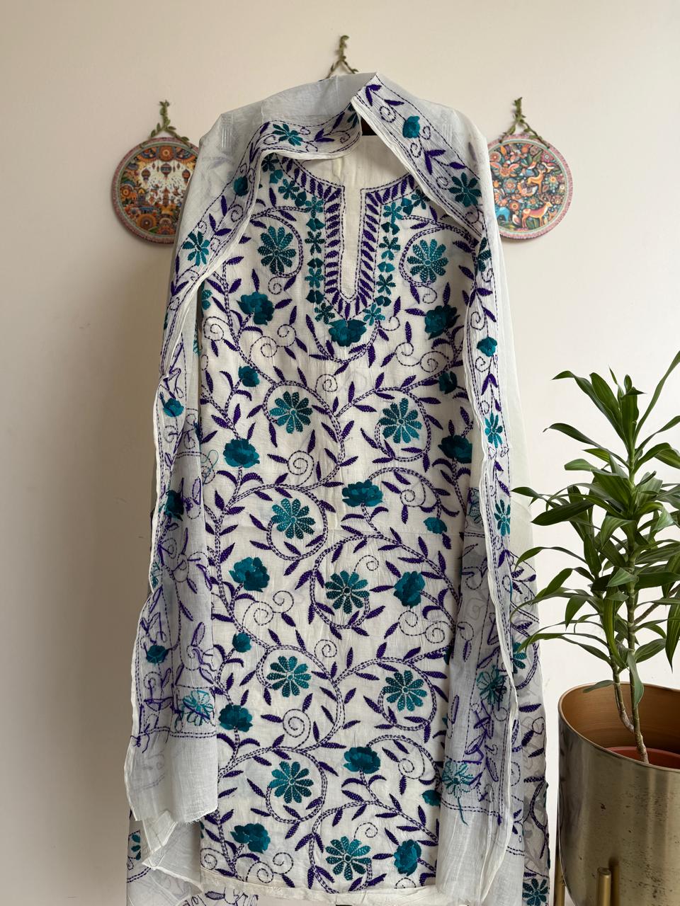 🌼 Bengal Handloom – Phulkari Pure Cotton Embroidered Suit Set-White Base