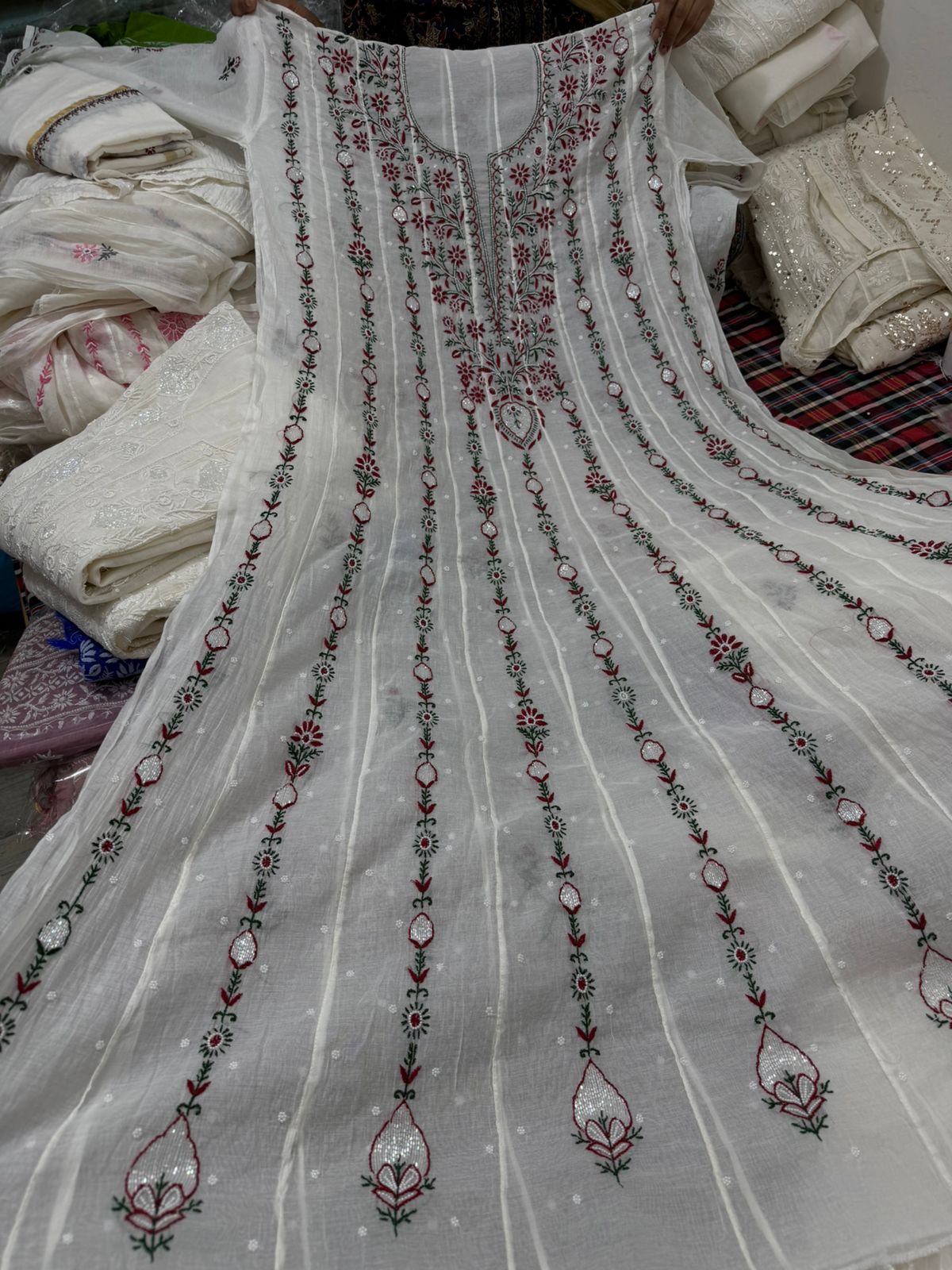 Pure Mul Chanderi Lucknowi Chikankari Anarkali Suit Set with Dupatta | Hand Embroidery with Pearl & Cutdana Work