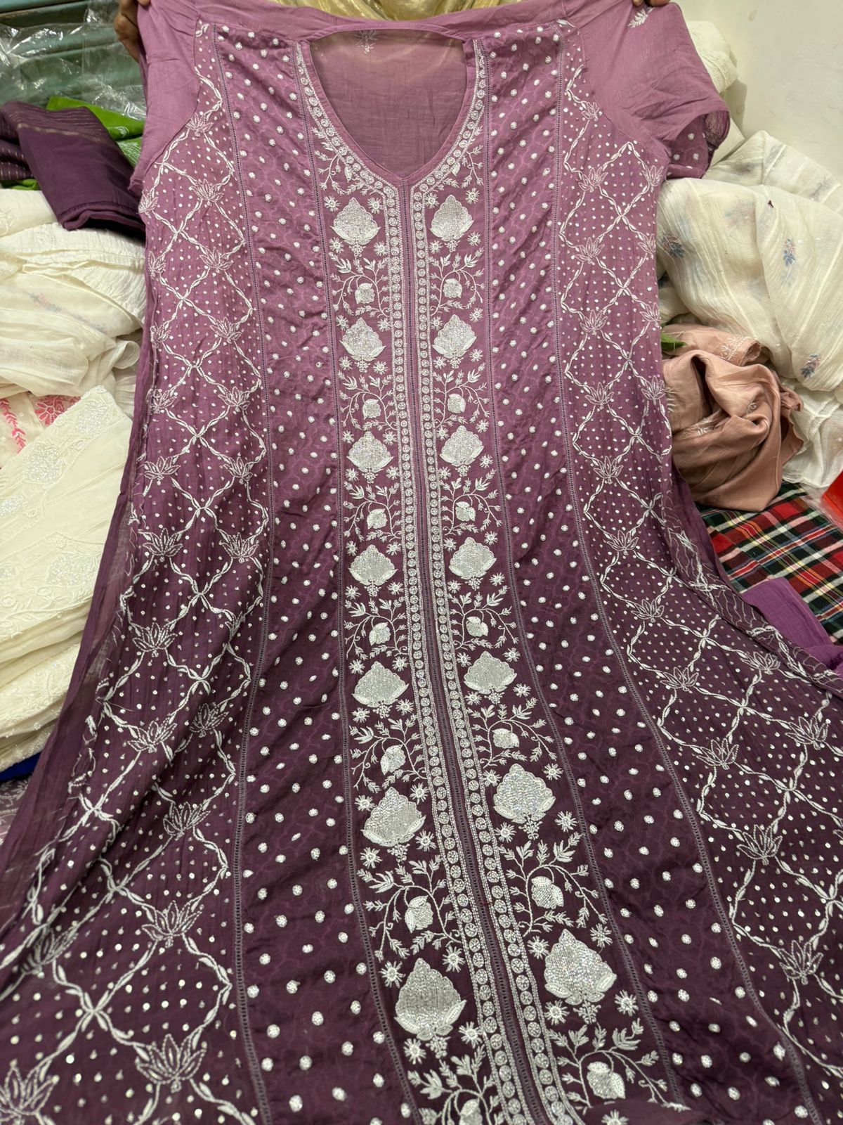 ✨ Pure Mul Chanderi Lucknowi Chikankari Multiple Panel Anarkali Set ✨