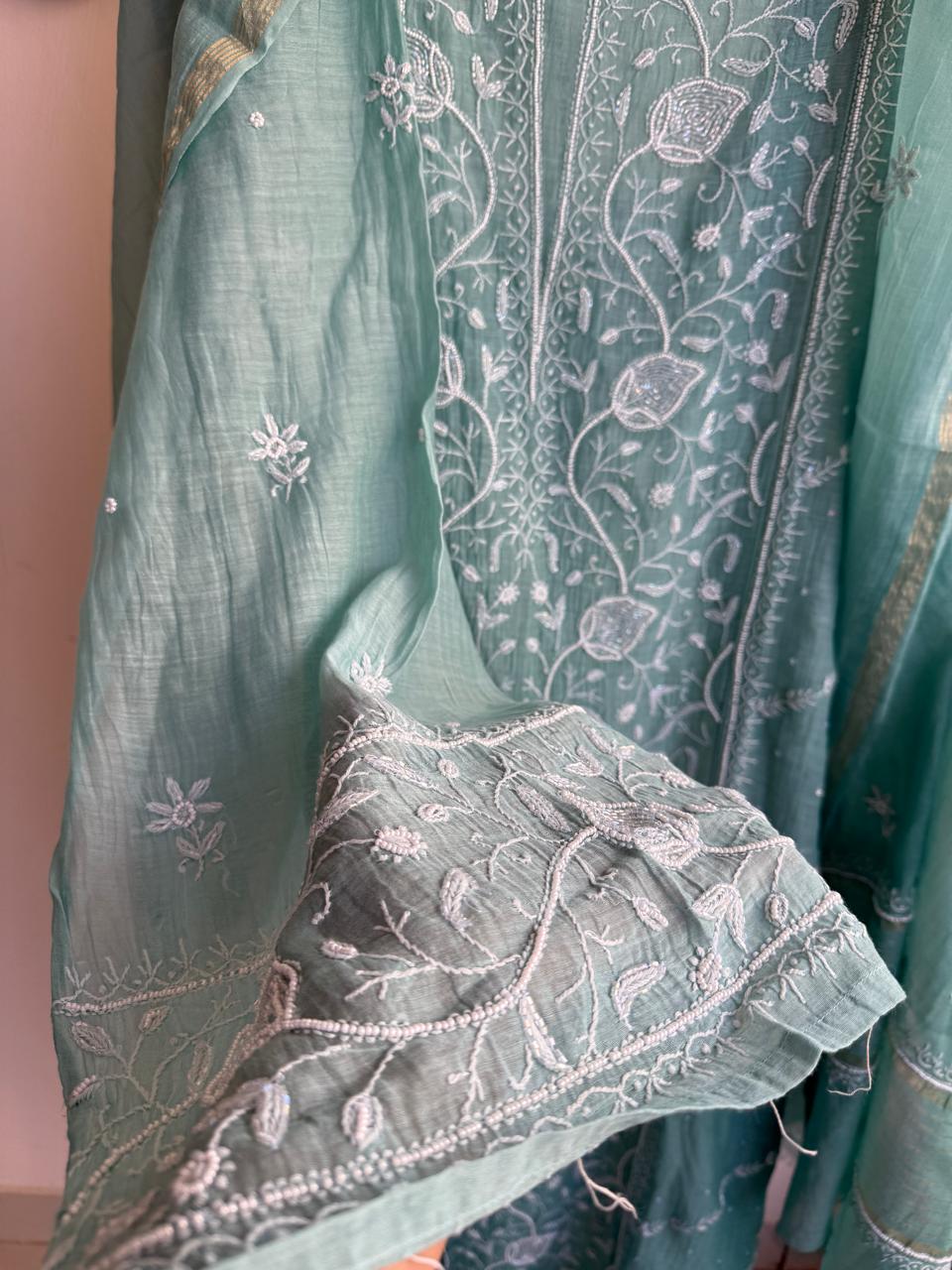 Buy Lucknowi Chikankari Suit Set with Thread Work and full panel work in Mul Chanderi add on Beads i.e. Pearl Work and Cut Dana