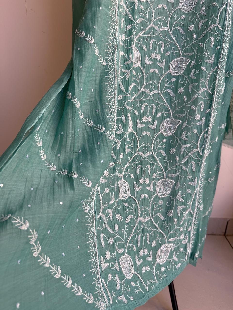 Buy Lucknowi Chikankari Suit Set with Thread Work and full panel work in Mul Chanderi add on Beads i.e. Pearl Work and Cut Dana