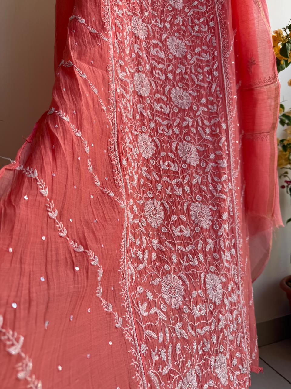 Buy Lucknowi Chikankari Suit Set with Thread Work and full panel work in Mul Chanderi add on Beads i.e. Pearl Work and Cut Dana