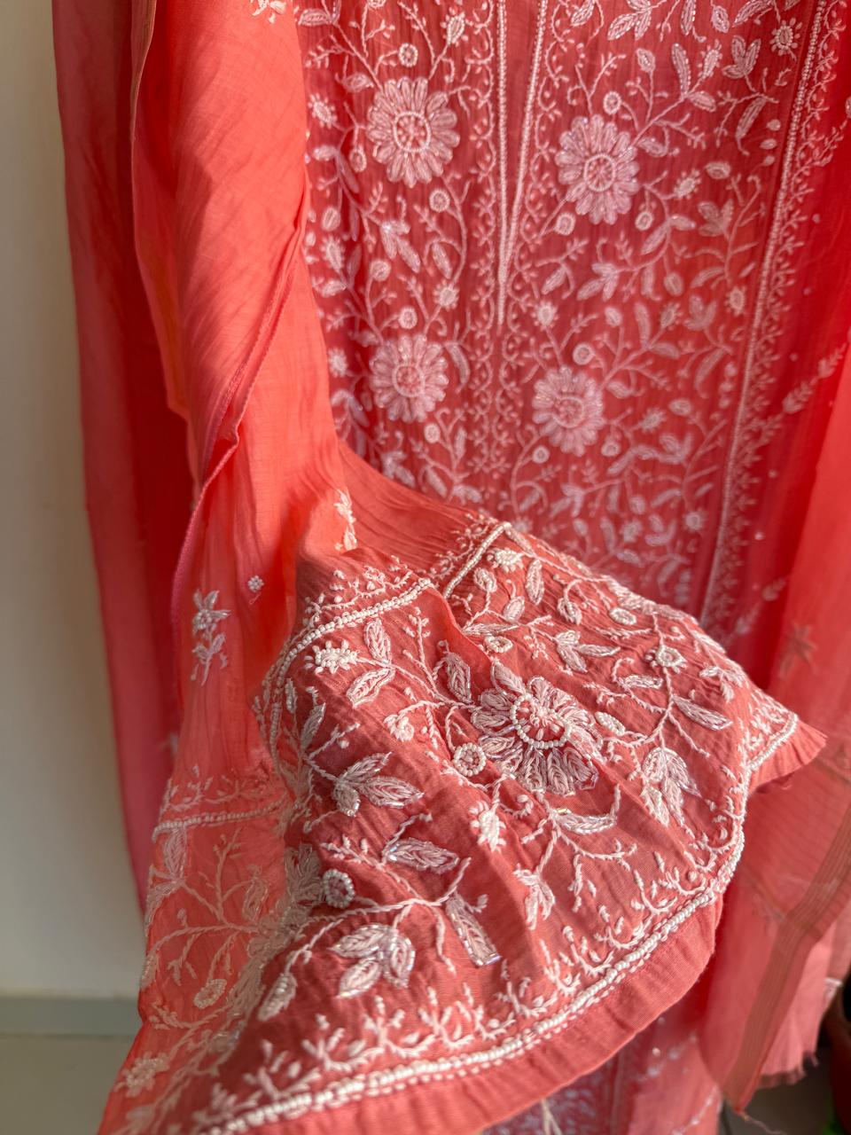 Buy Lucknowi Chikankari Suit Set with Thread Work and full panel work in Mul Chanderi add on Beads i.e. Pearl Work and Cut Dana