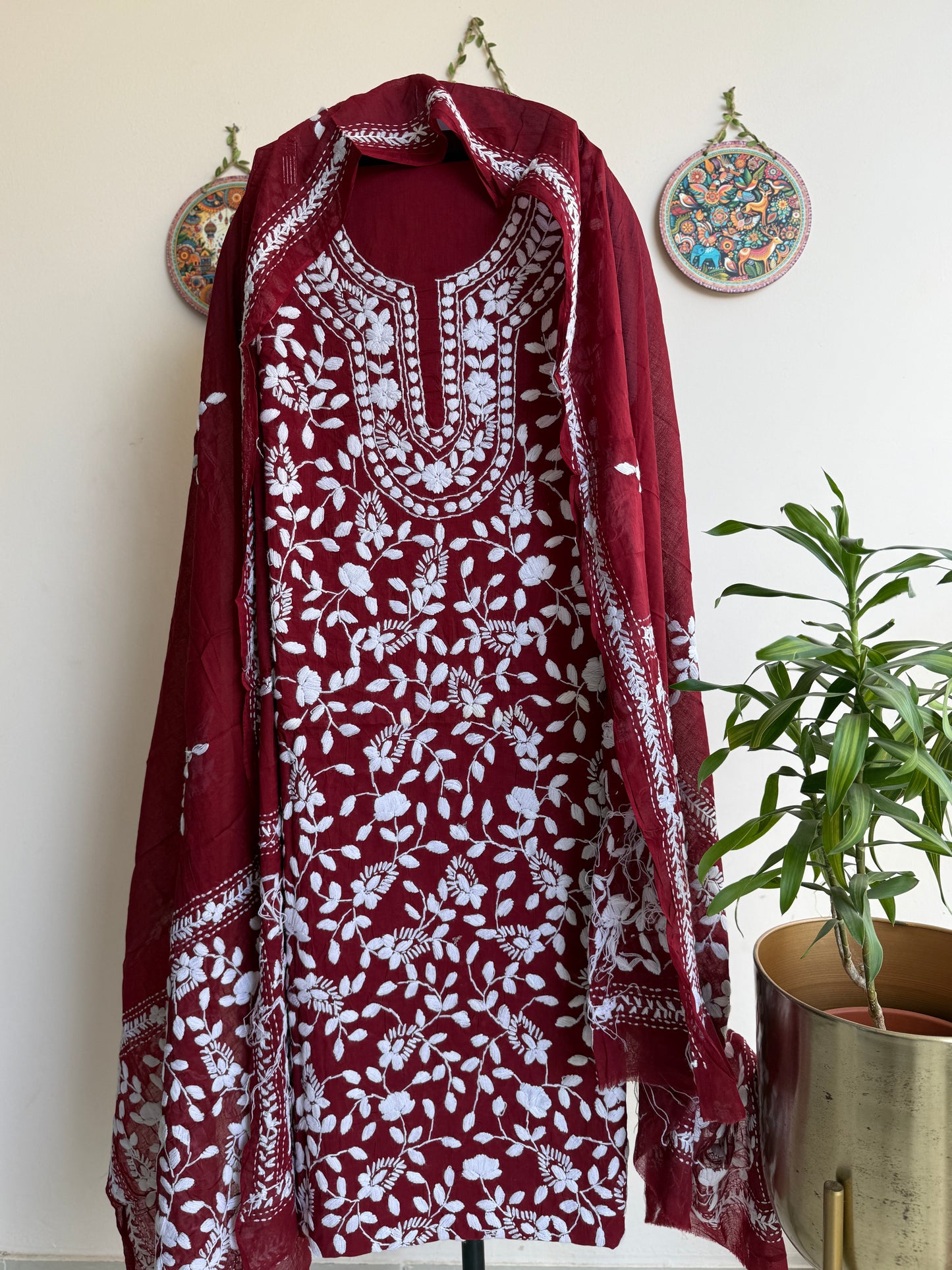 🌼 Bengal Handloom – Phulkari Pure Cotton Embroidered Suit Set-Coloured Base