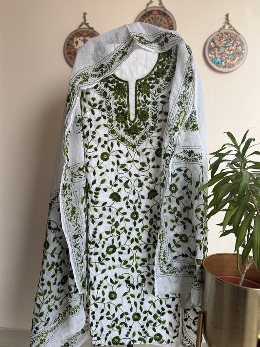 🌼 Bengal Handloom – Phulkari Pure Cotton Embroidered Suit Set-White Base