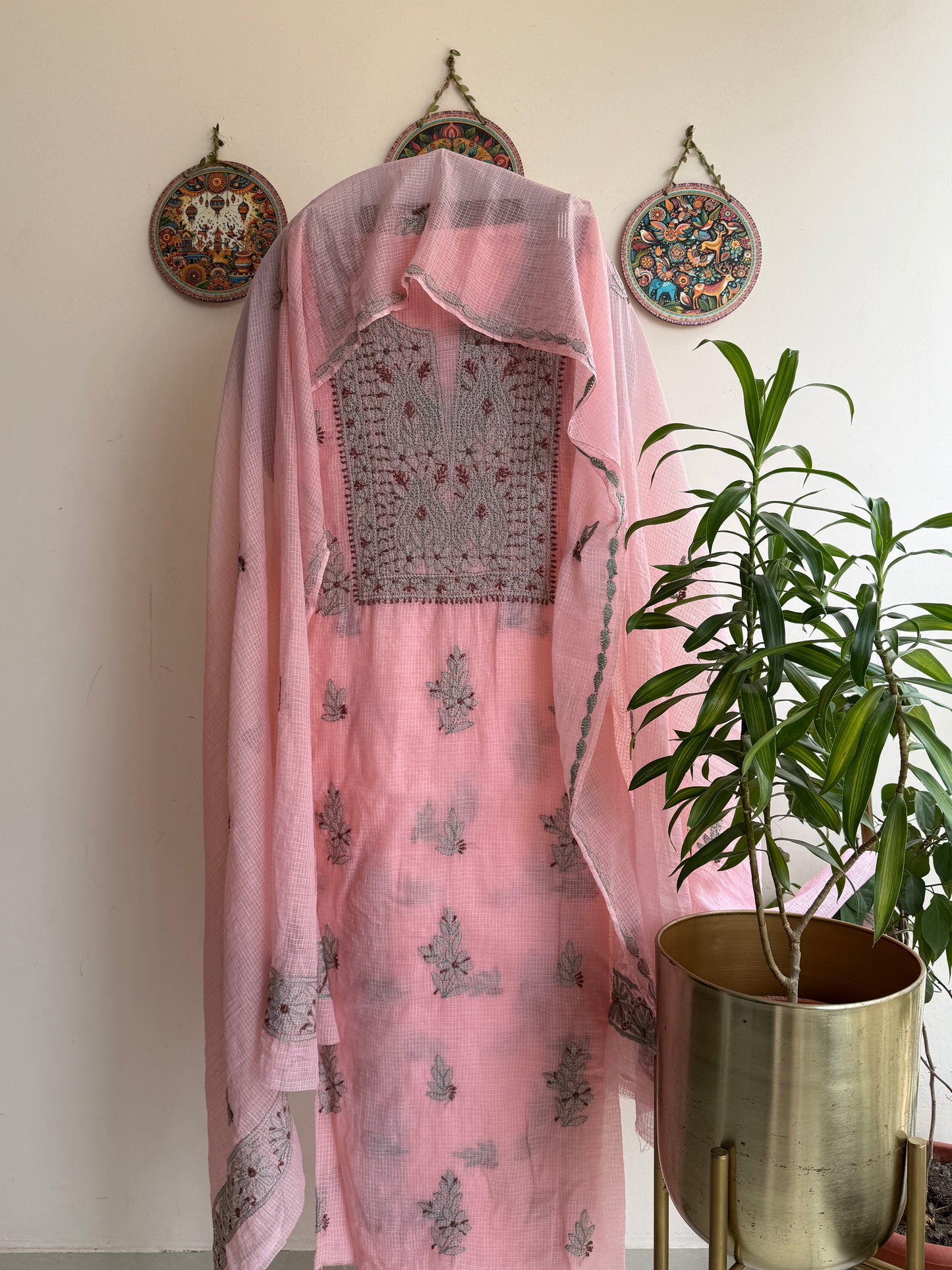 Lucknowi Chikankari Kota Doria Suit Set With Color full thread