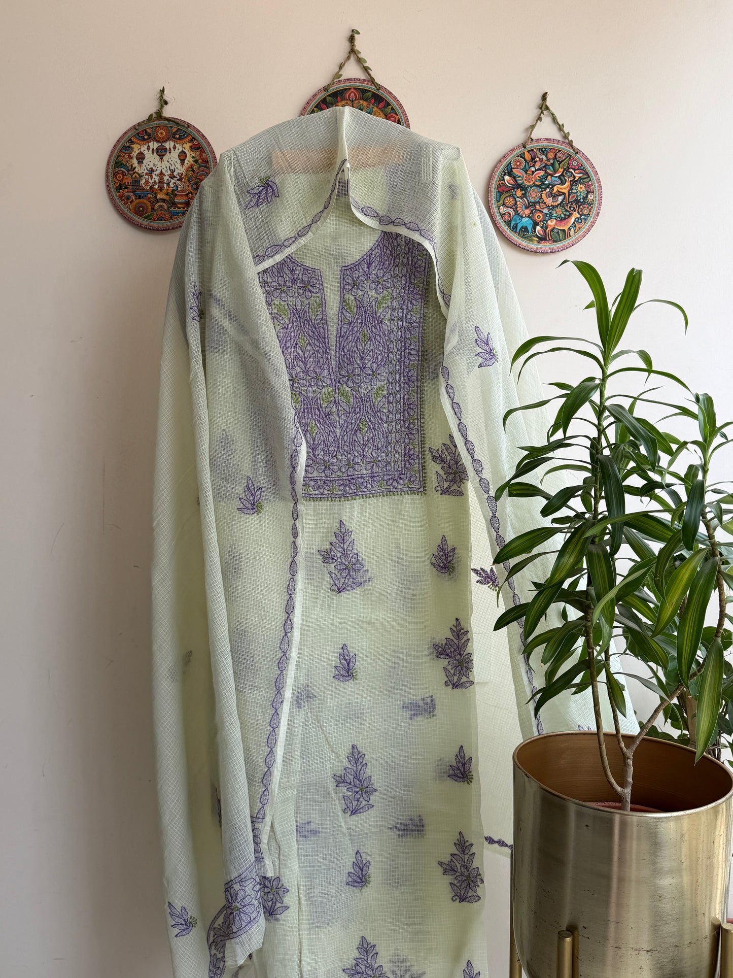 Lucknowi Chikankari Kota Doria Suit Set With Color full thread