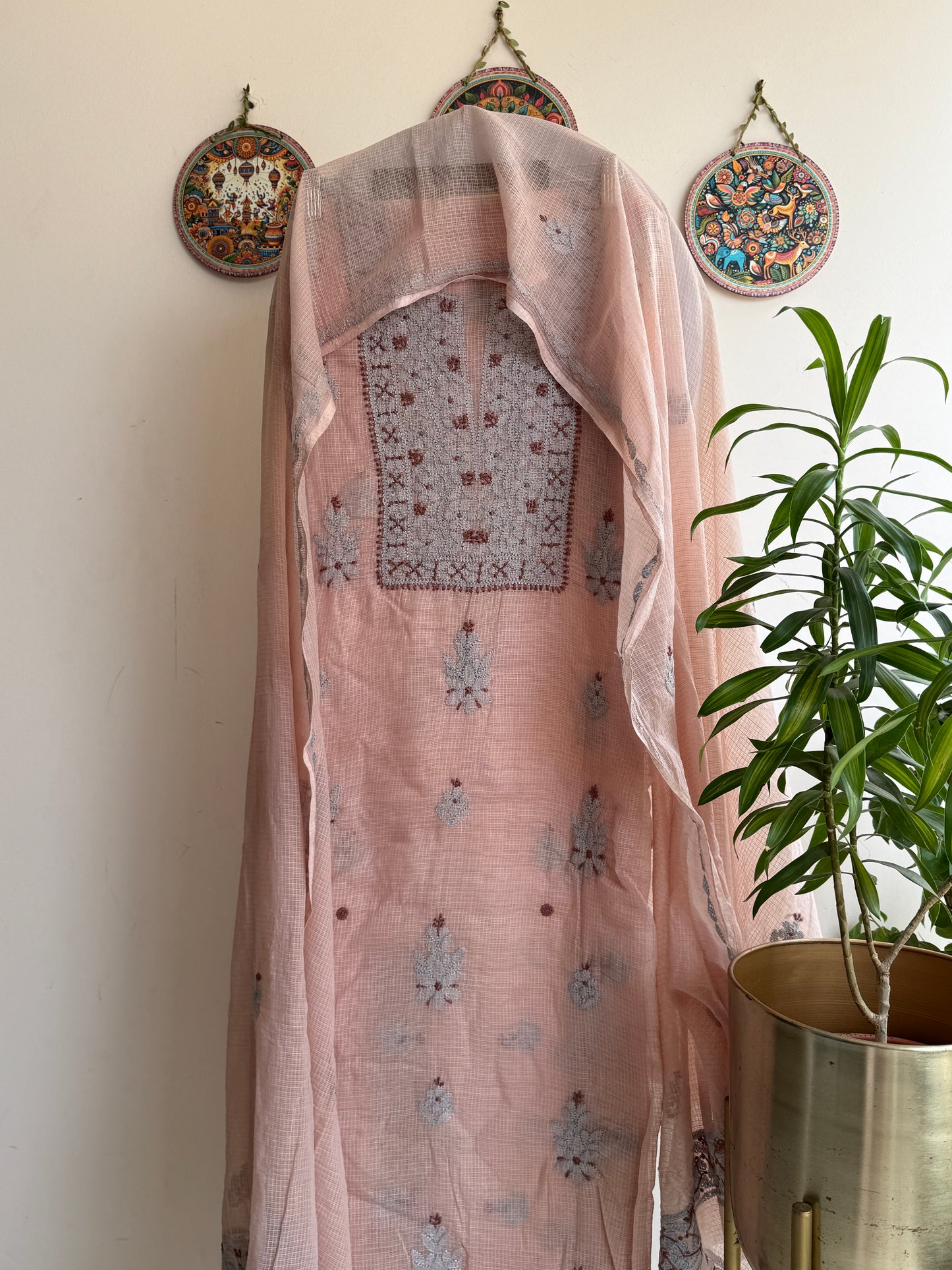 Lucknowi Chikankari Kota Doria Suit Set With Color full thread