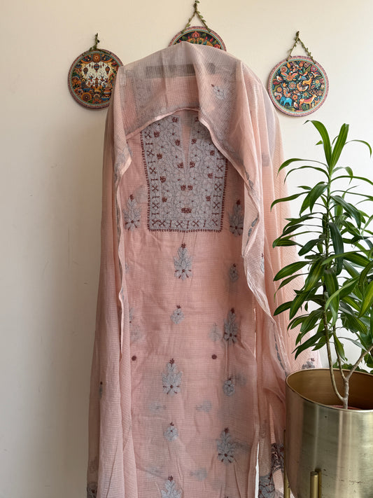 Lucknowi Chikankari Kota Doria Suit Set With Color full thread