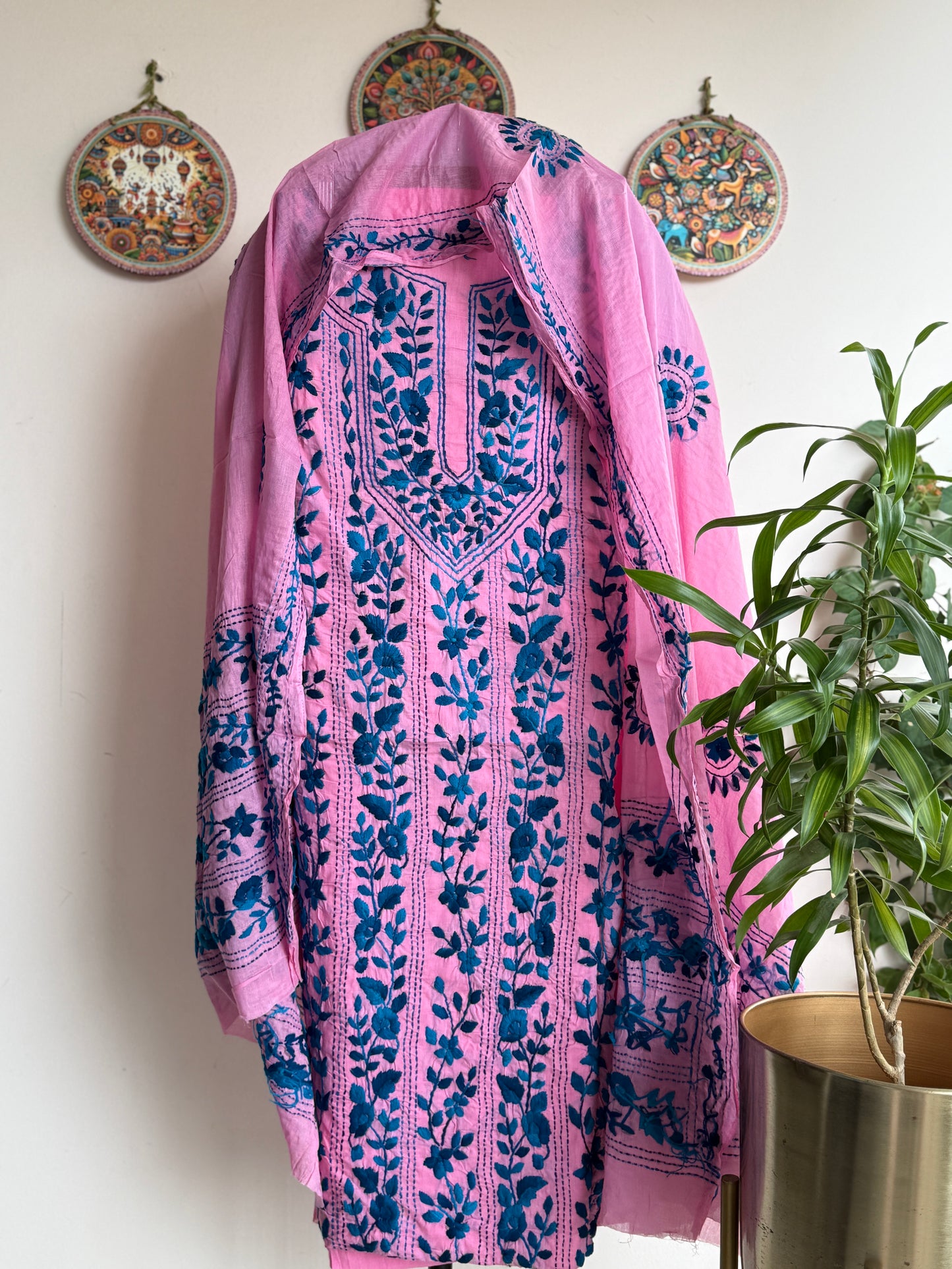 🌼 Bengal Handloom – Phulkari Pure Cotton Embroidered Suit Set-Coloured Base