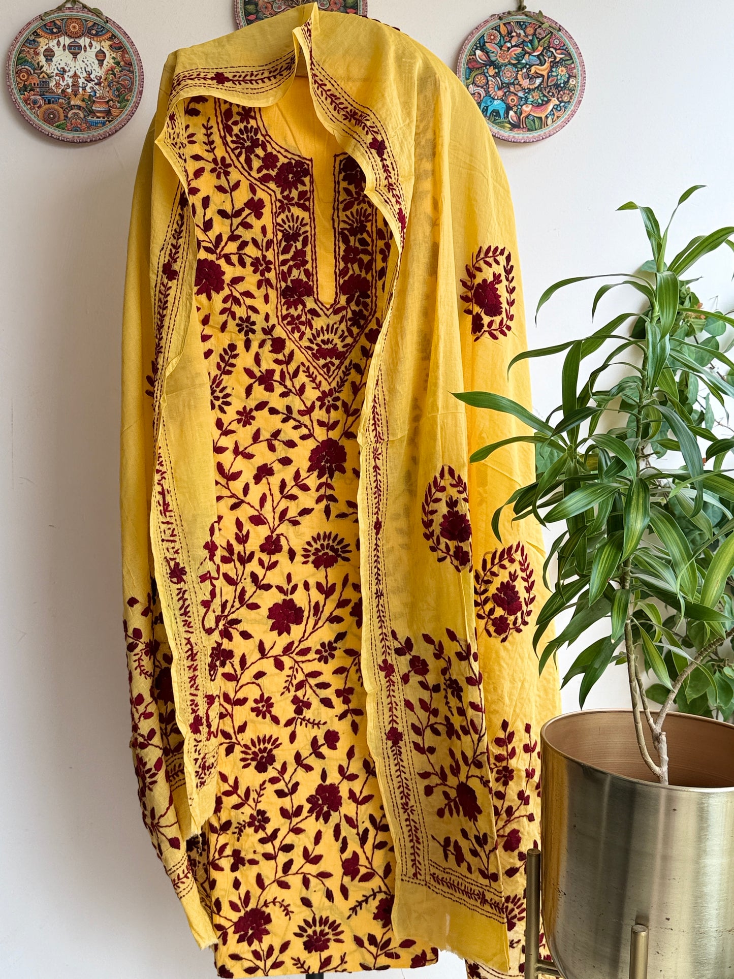 🌼 Bengal Handloom – Phulkari Pure Cotton Embroidered Suit Set-Coloured Base