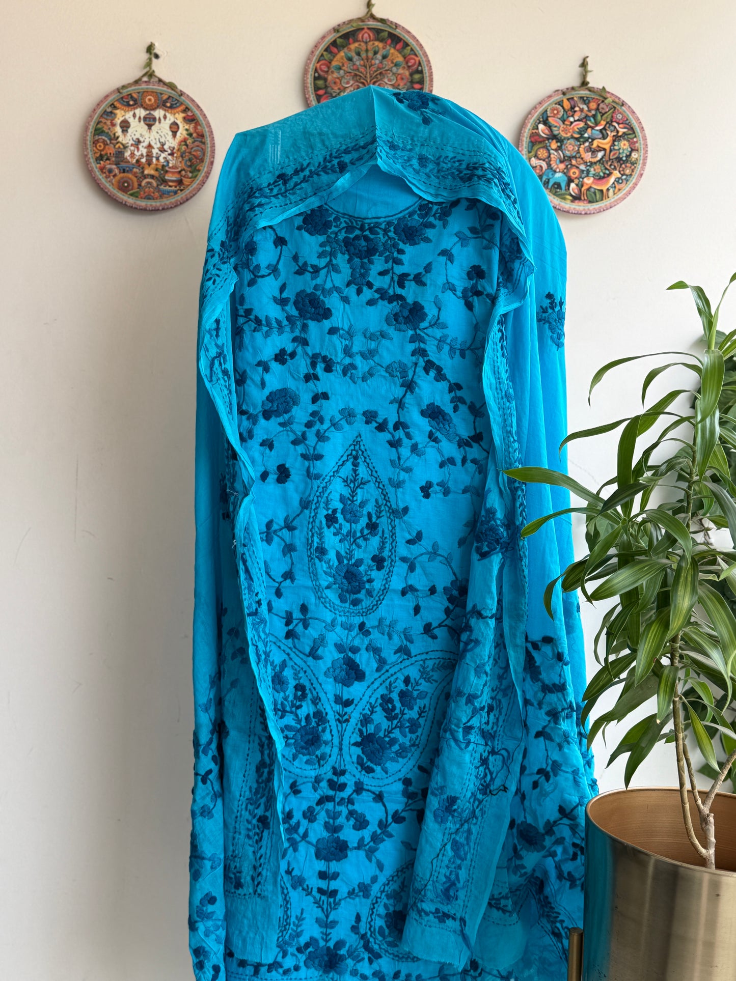 🌼 Bengal Handloom – Phulkari Pure Cotton Embroidered Suit Set-Coloured Base