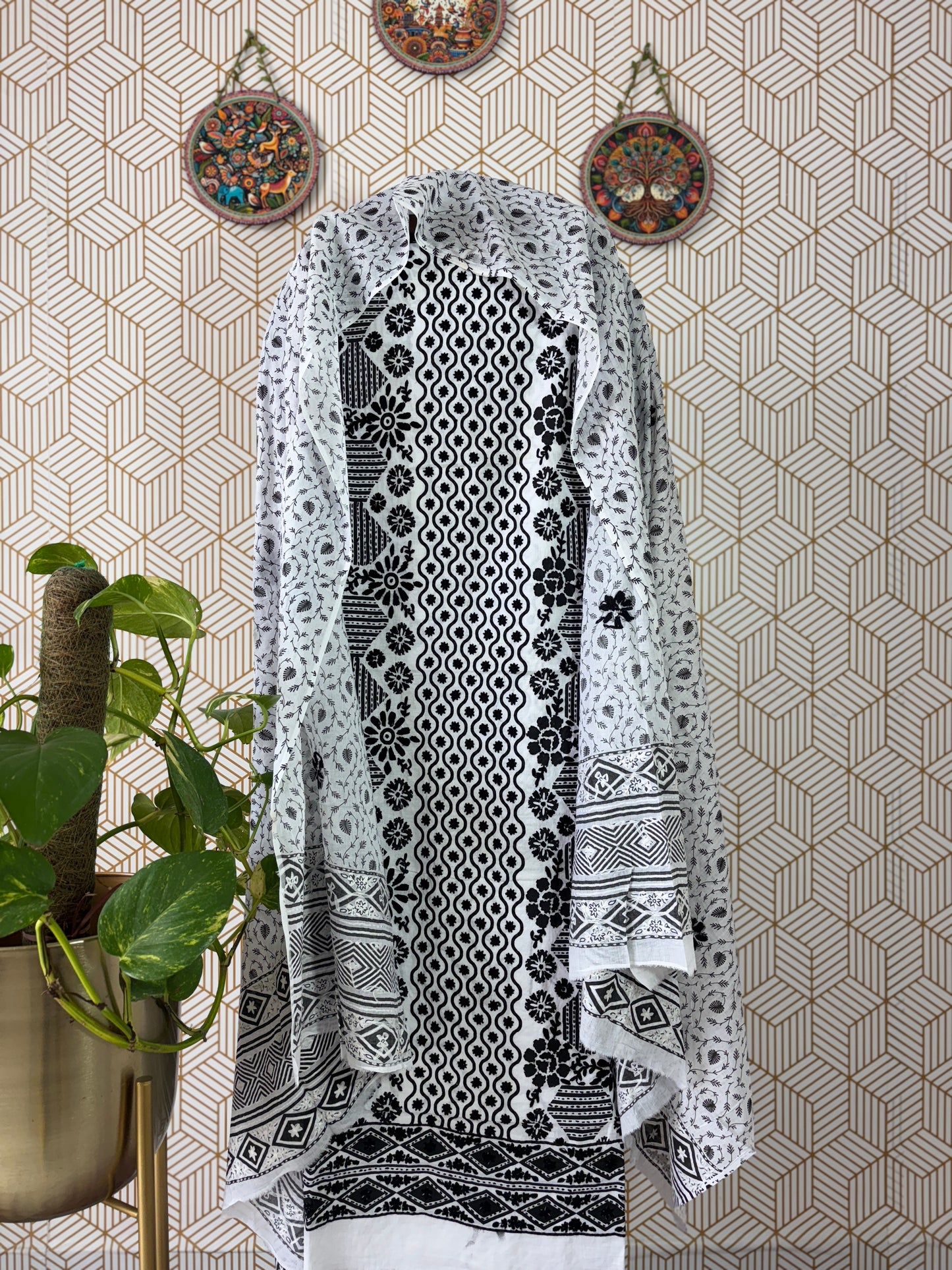 Hand Block Printed Pure Cotton Suit Set with Kantha Embroidery
