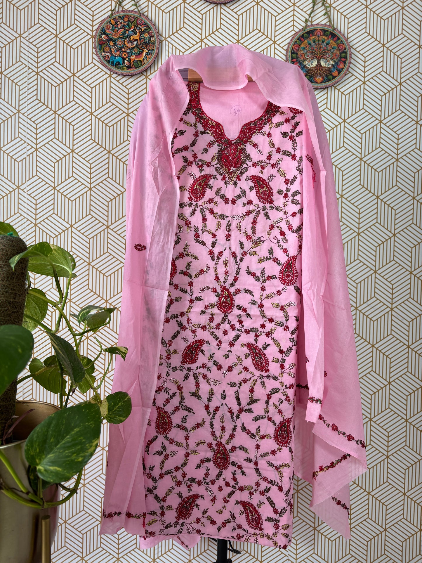 Pure Mul Cotton Kantha Suit Set with Kashmiri Embroidery