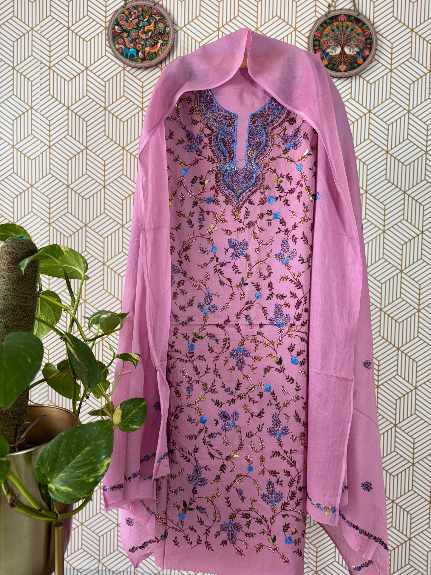 Pure Mul Cotton Kantha Suit Set with Kashmiri Embroidery