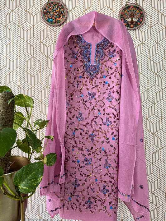 Pure Mul Cotton Kantha Suit Set with Kashmiri Embroidery